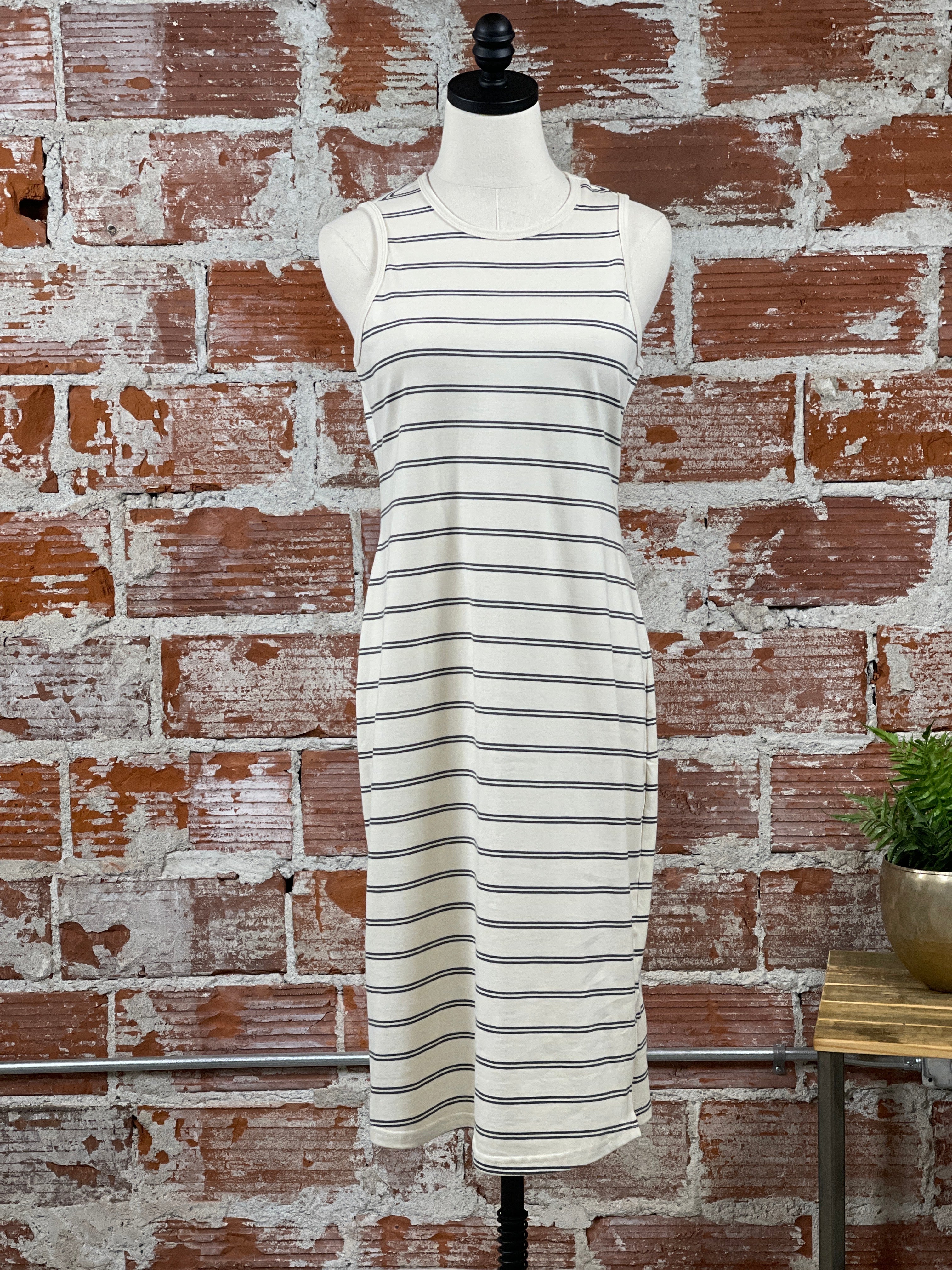Thread and Supply Kendari Dress in Ivory and Grey Stripe-152 Dresses - Long-Little Bird Boutique