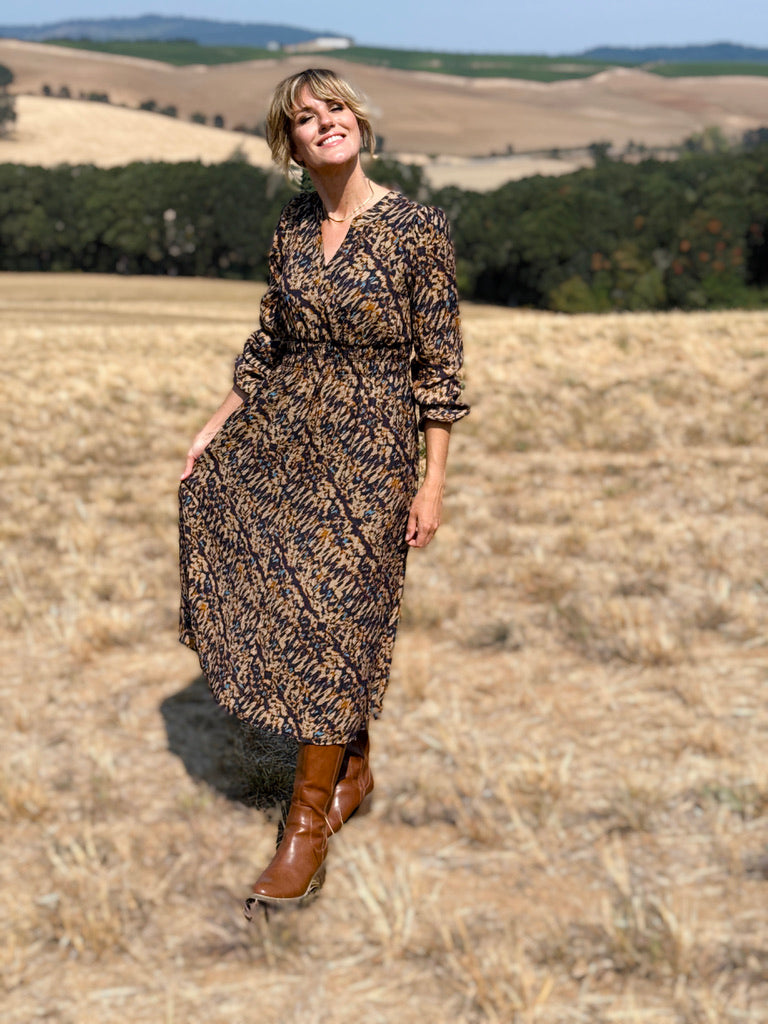 Anthem the Label Abstract Print Dress in Brown and Taupe-152 Dresses - Long-Little Bird Boutique