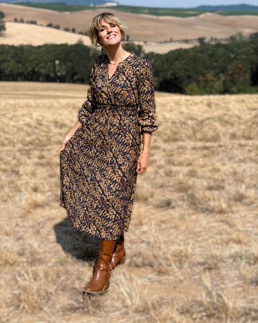 Anthem the Label Abstract Print Dress in Brown and Taupe-152 Dresses - Long-Little Bird Boutique