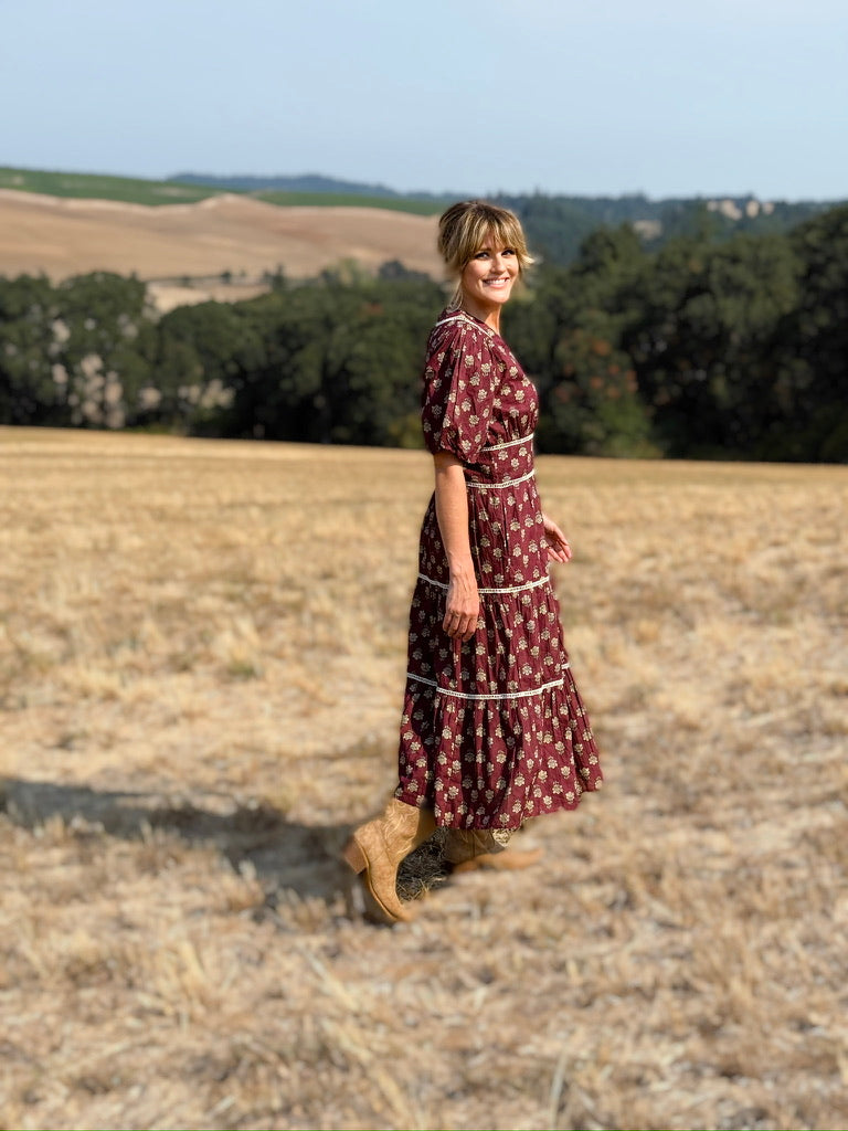 THML Debbie Dress in Wine Floral-152 Dresses - Long-Little Bird Boutique