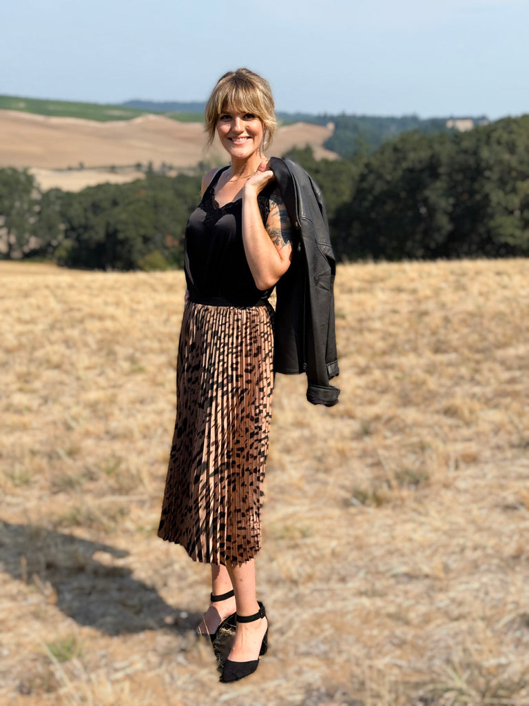 Sanctuary Nostalgia Pleated Midi Skirt in Mocha Leo-231 Skirts-Little Bird Boutique