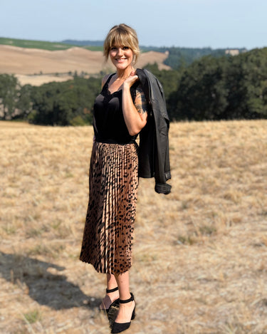 Sanctuary Nostalgia Pleated Midi Skirt in Mocha Leo-231 Skirts-Little Bird Boutique