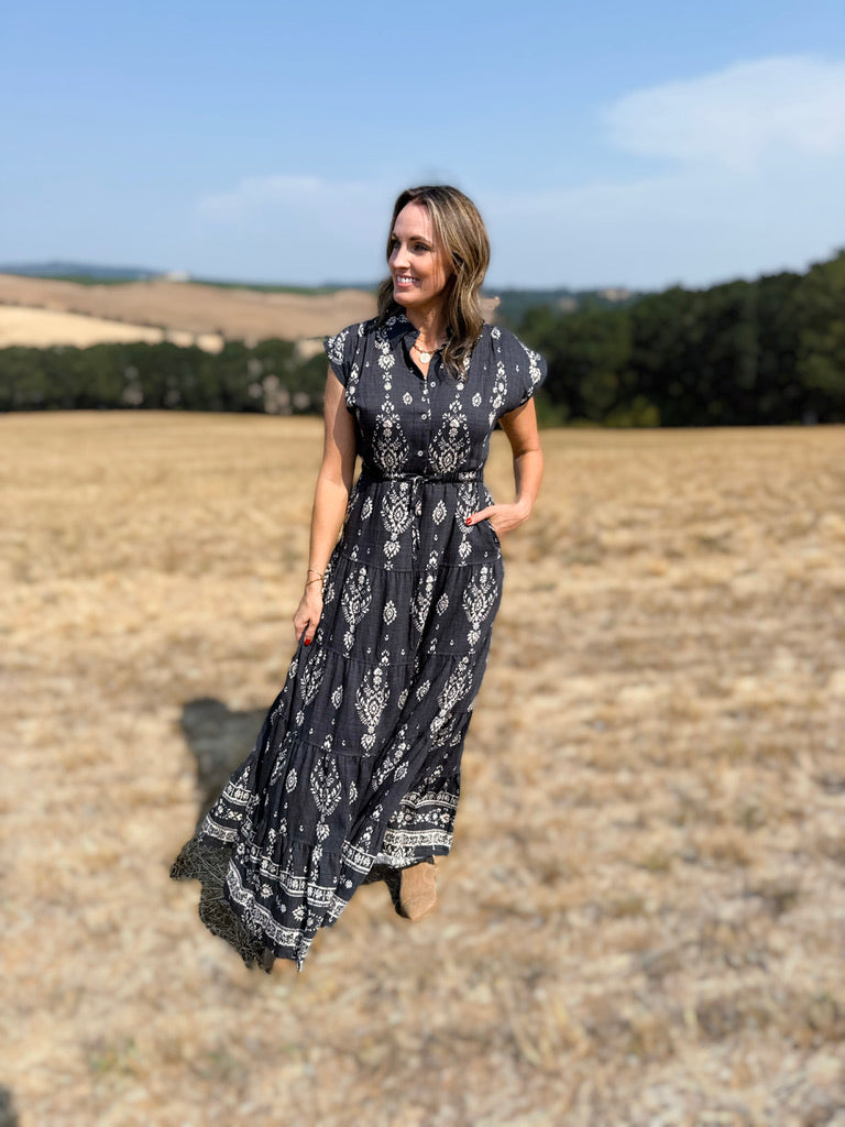 Lennox Long Dress in Black and White-152 Dresses - Long-Little Bird Boutique
