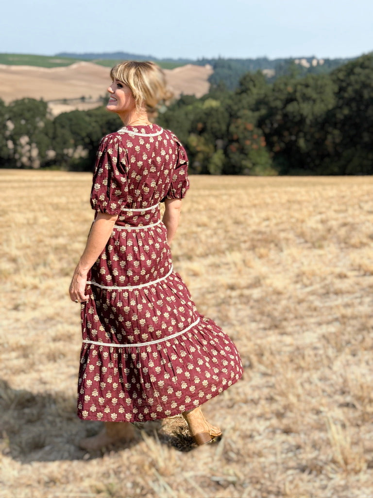 THML Debbie Dress in Wine Floral-152 Dresses - Long-Little Bird Boutique
