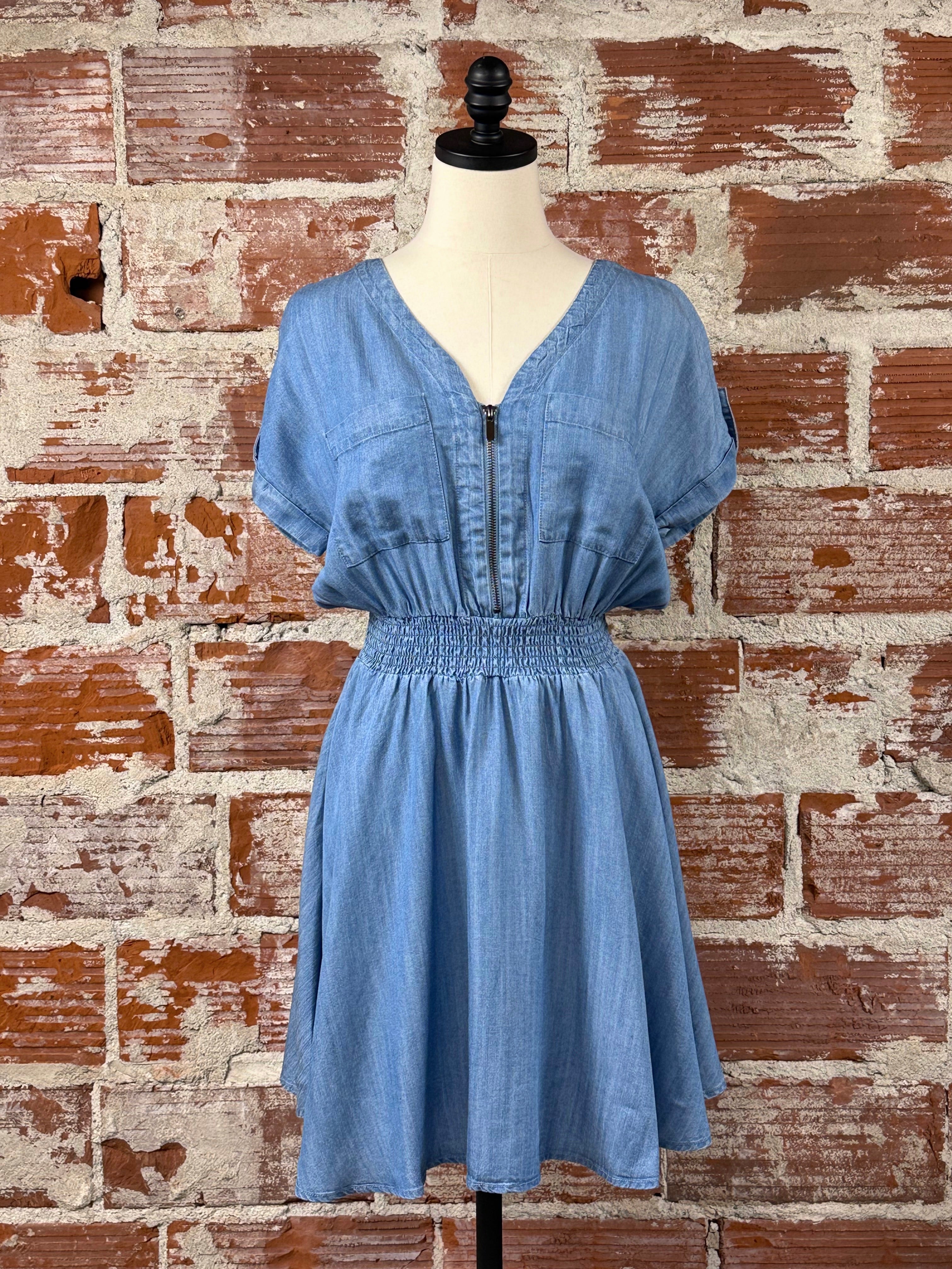 Apricot Zip Dress in Medium Blue Denim-151 Dresses - Short-Little Bird Boutique