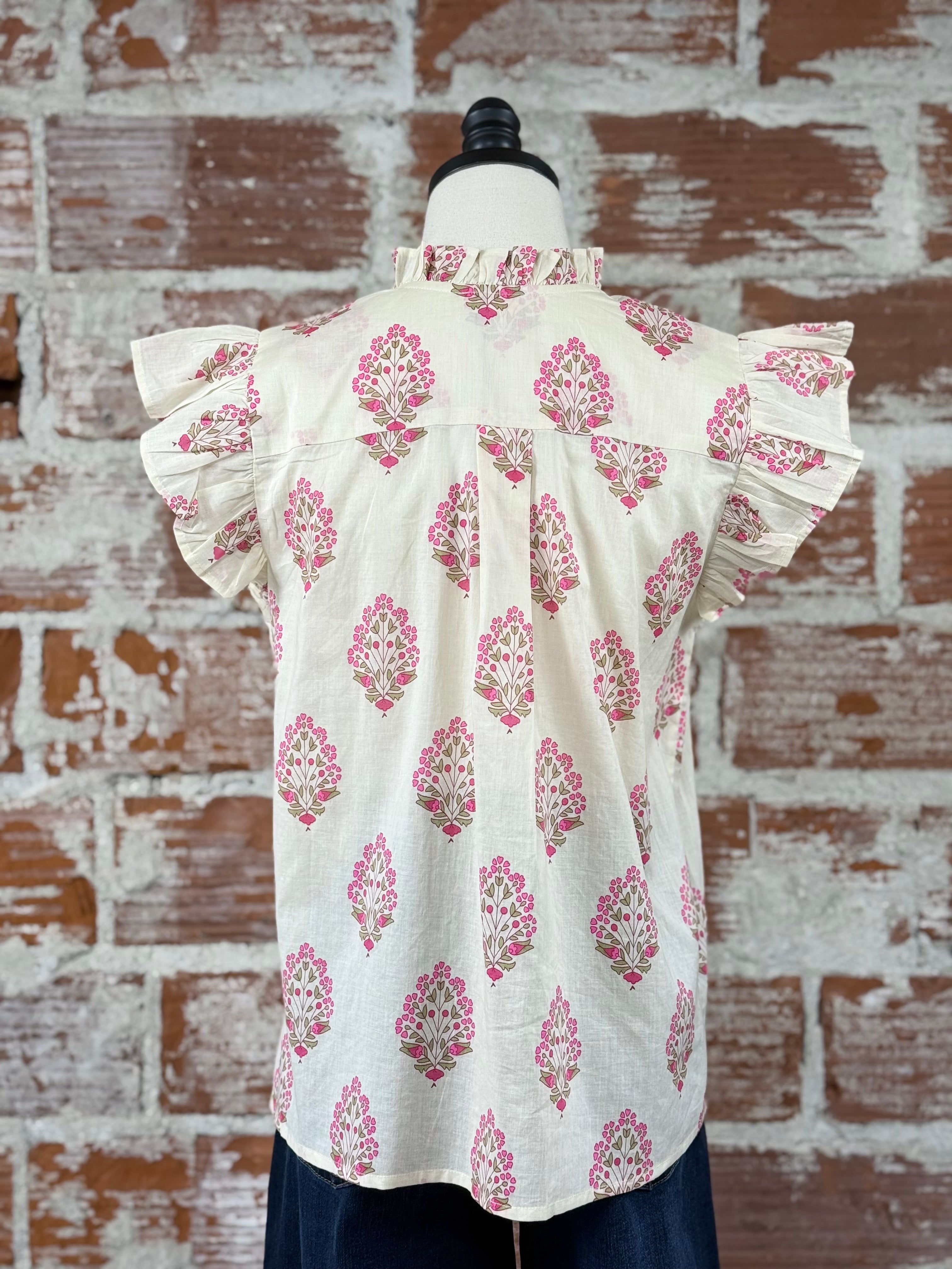 THML Paige Top in Ivory and Pink Floral-112 - Woven Top S/S (Dec - May)-Little Bird Boutique