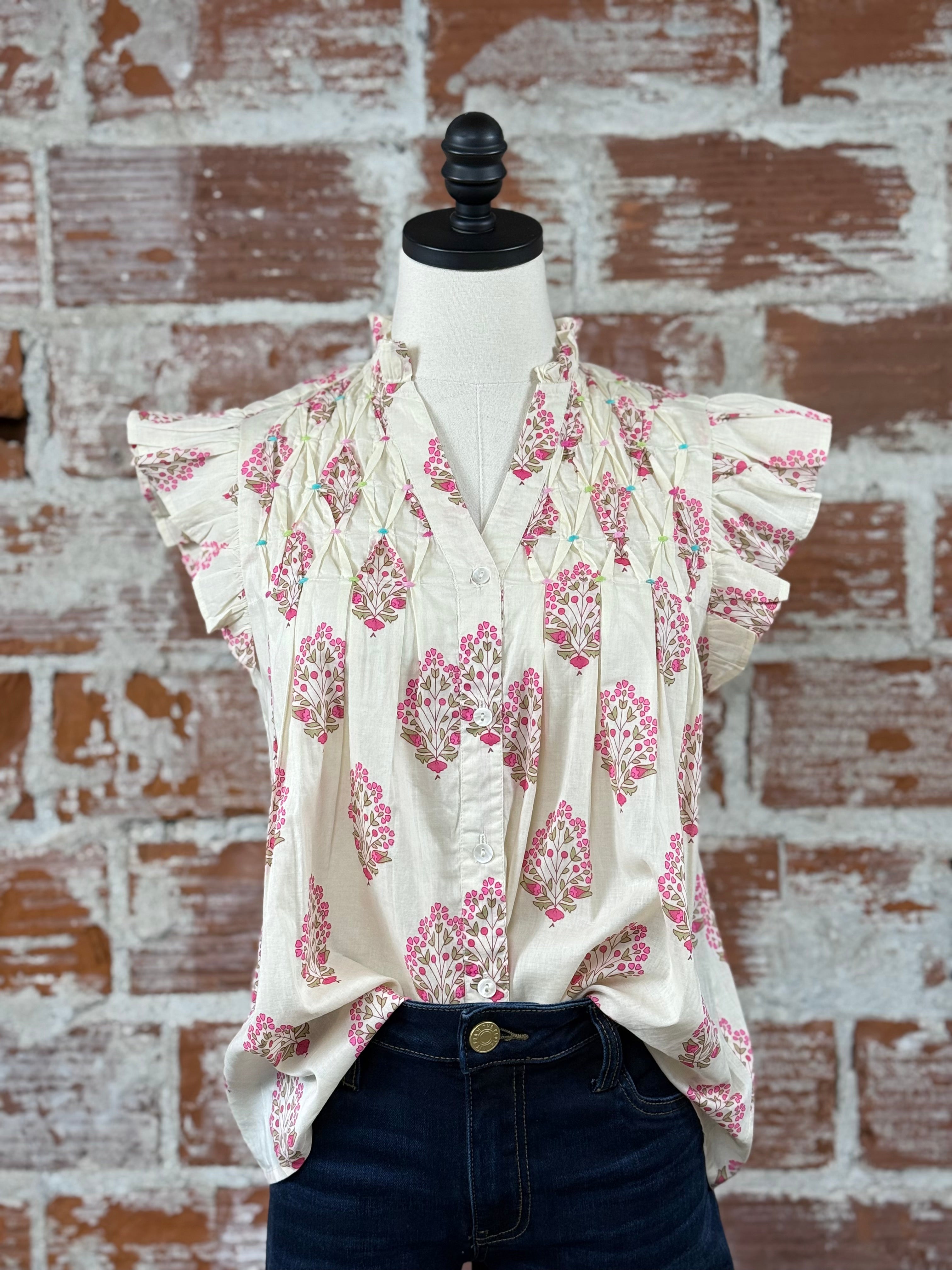THML Paige Top in Ivory and Pink Floral-112 - Woven Top S/S (Dec - May)-Little Bird Boutique