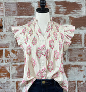 THML Paige Top in Ivory and Pink Floral-112 - Woven Top S/S (Dec - May)-Little Bird Boutique