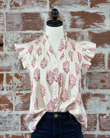 THML Paige Top in Ivory and Pink Floral-112 - Woven Top S/S (Dec - May)-Little Bird Boutique