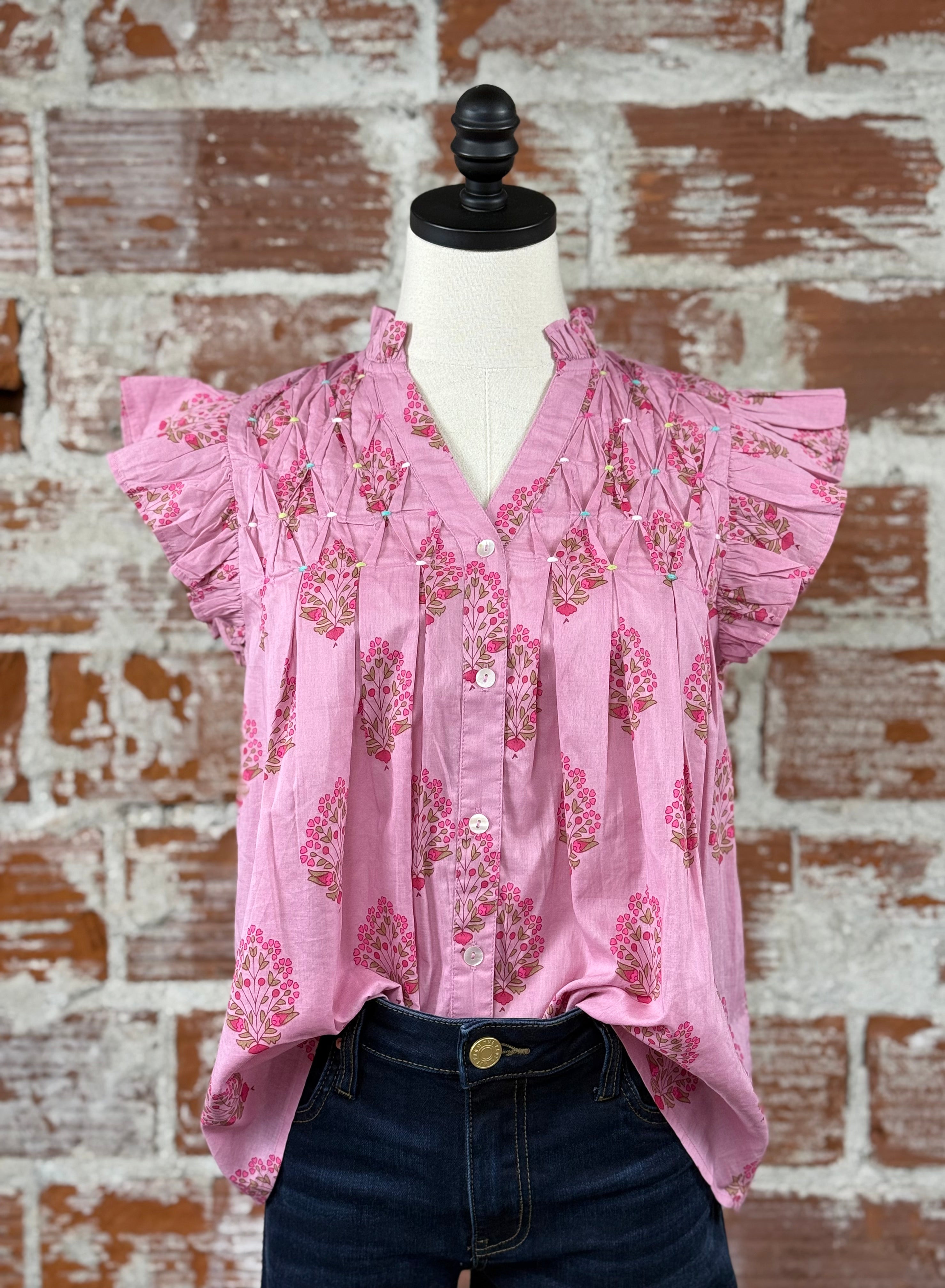 THML Paige Top in Pink Floral-112 - Woven Top S/S (Dec - May)-Little Bird Boutique