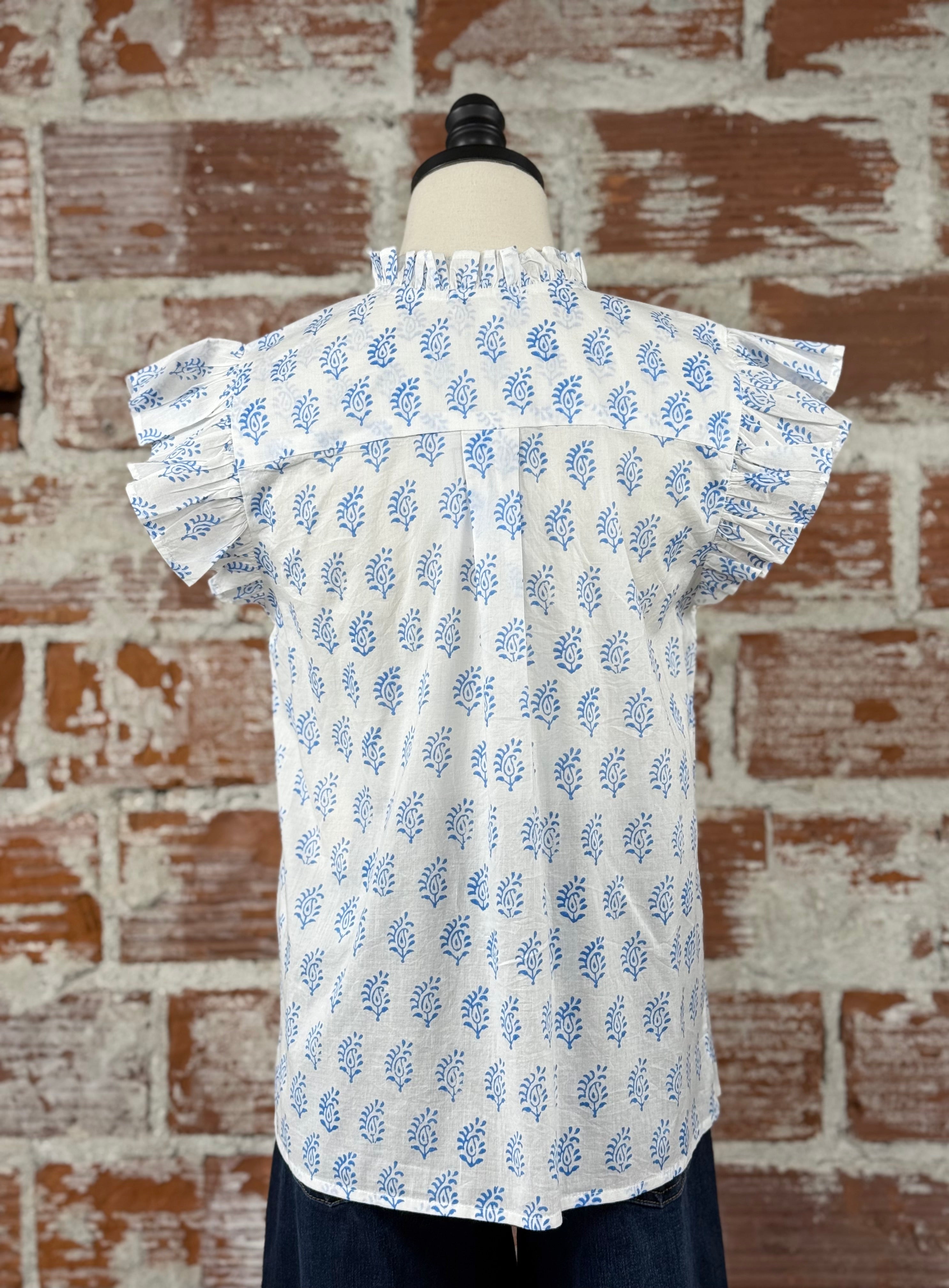 THML Paige Top in White with Blue Floral-112 - Woven Top S/S (Dec - May)-Little Bird Boutique