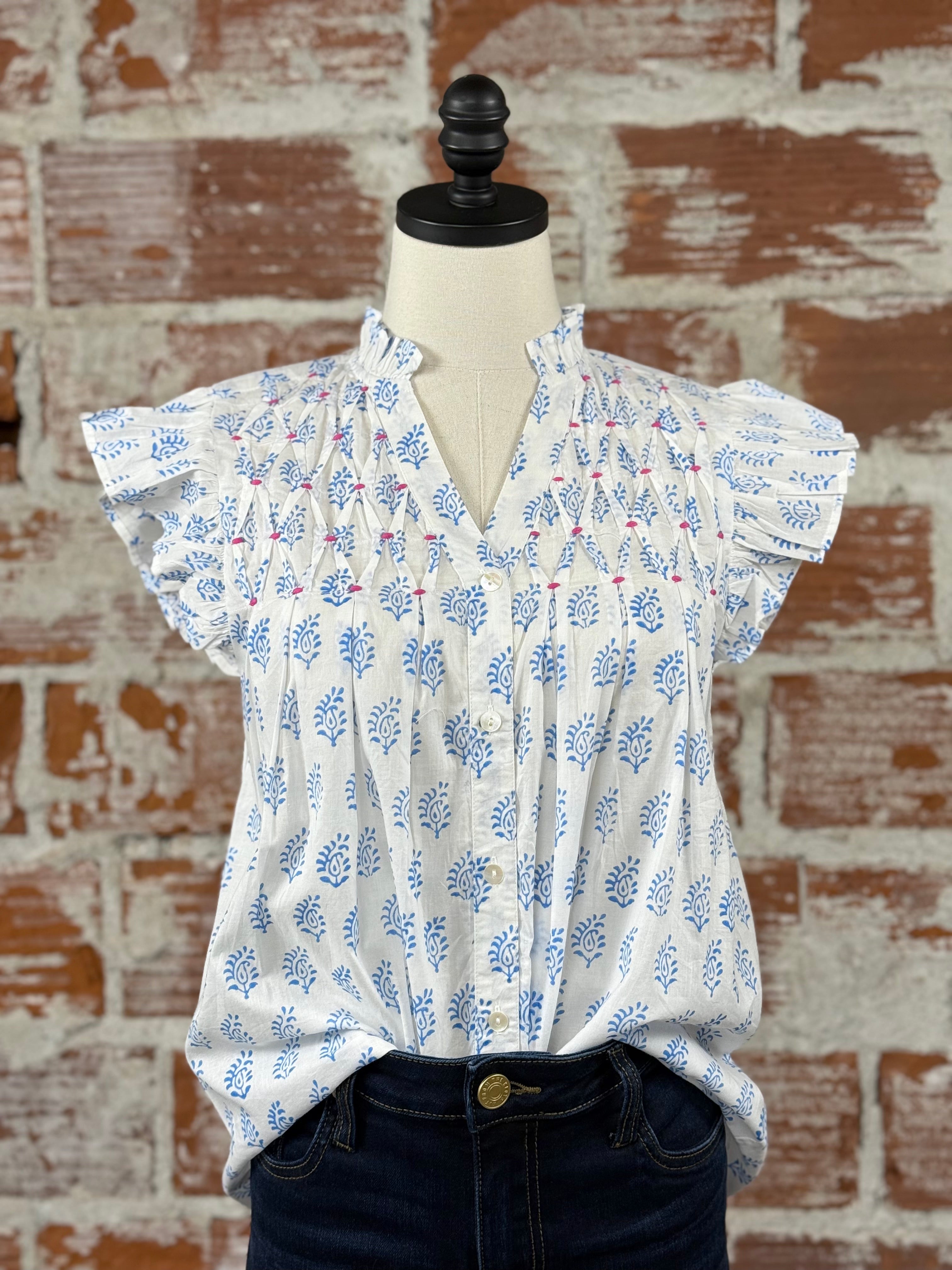 THML Paige Top in White with Blue Floral-112 - Woven Top S/S (Dec - May)-Little Bird Boutique