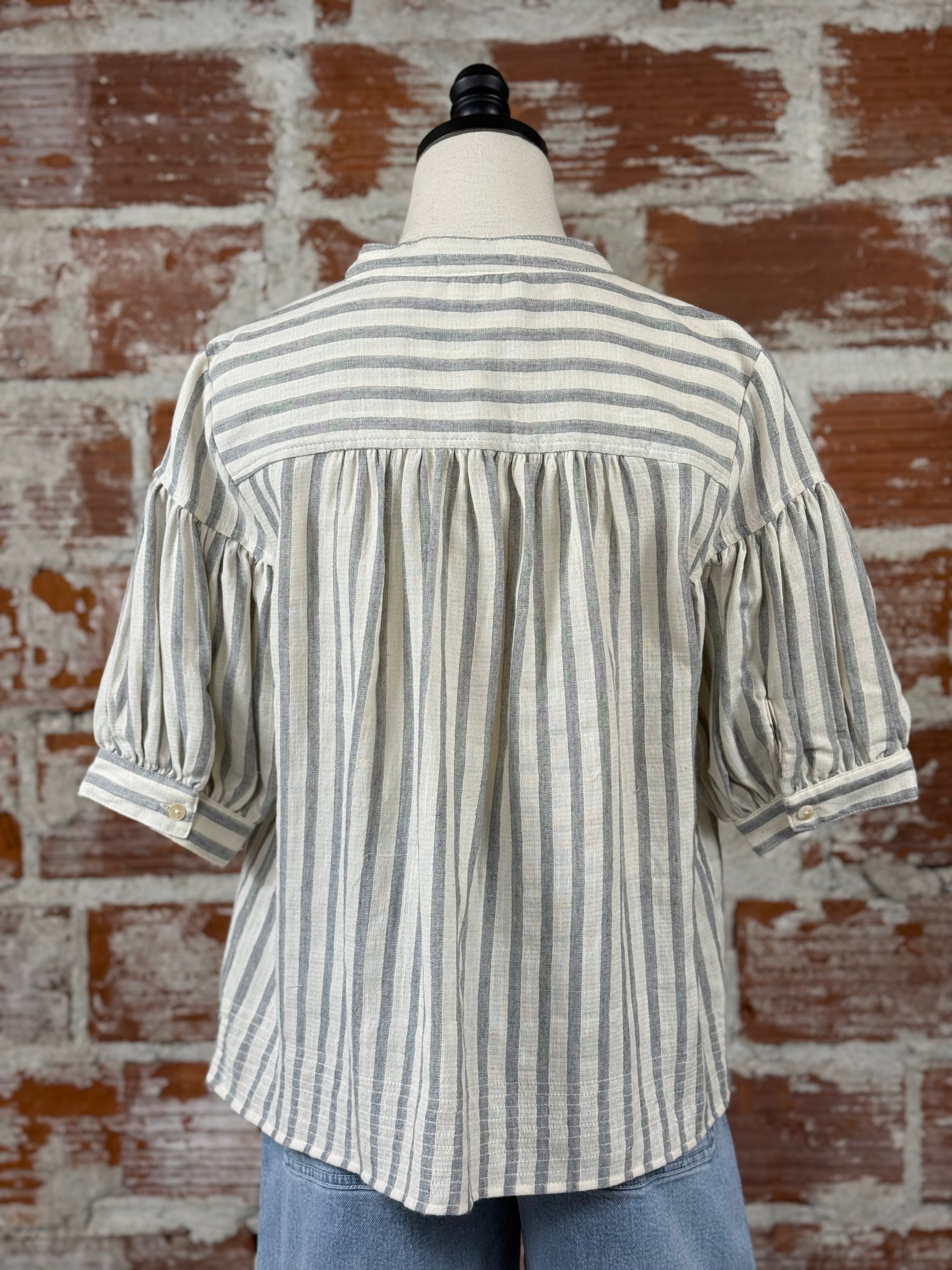 Luna Top in Gray Stripe-112 - Woven Top S/S (Dec - May)-Little Bird Boutique