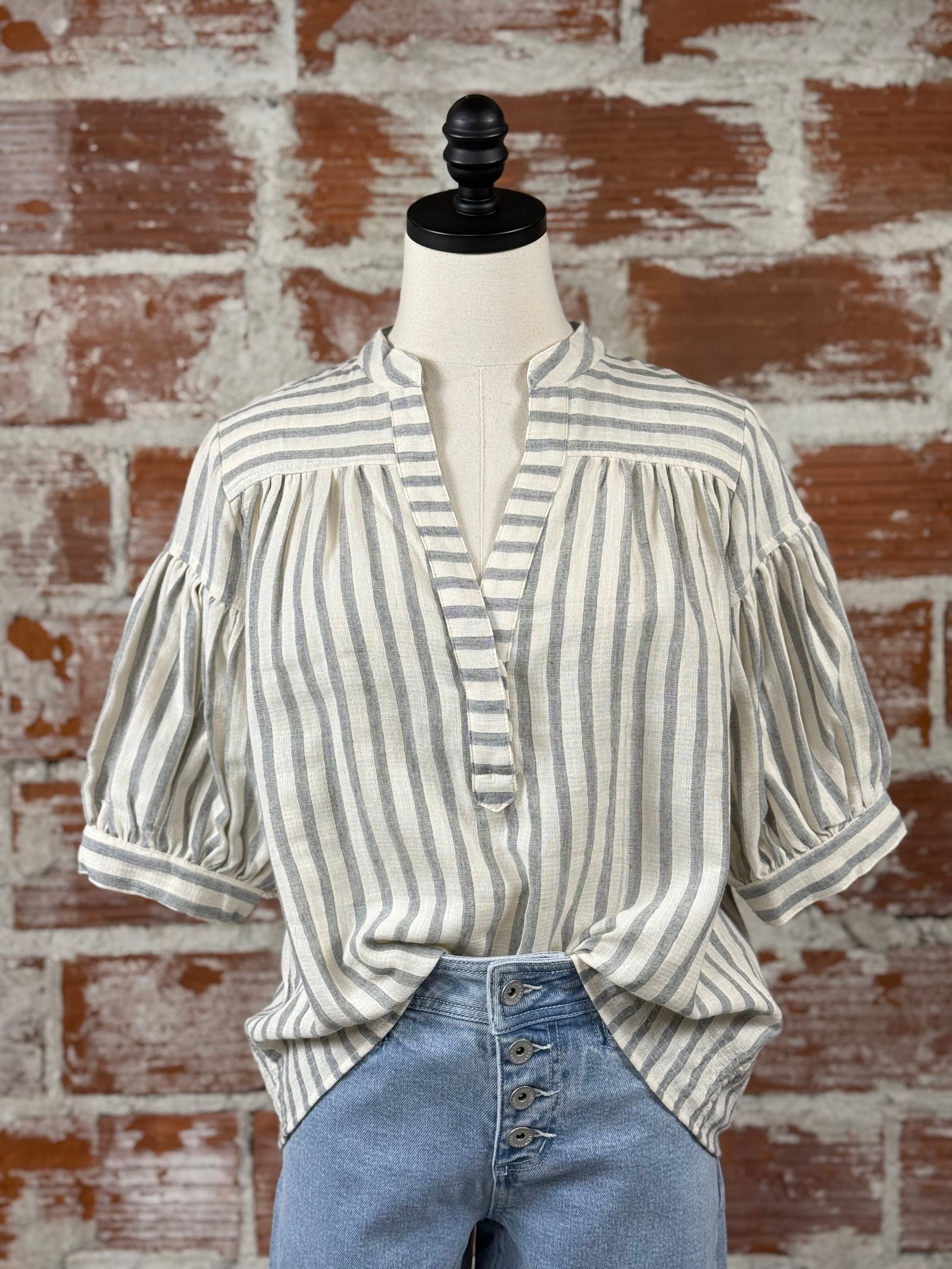 Luna Top in Gray Stripe-112 - Woven Top S/S (Dec - May)-Little Bird Boutique