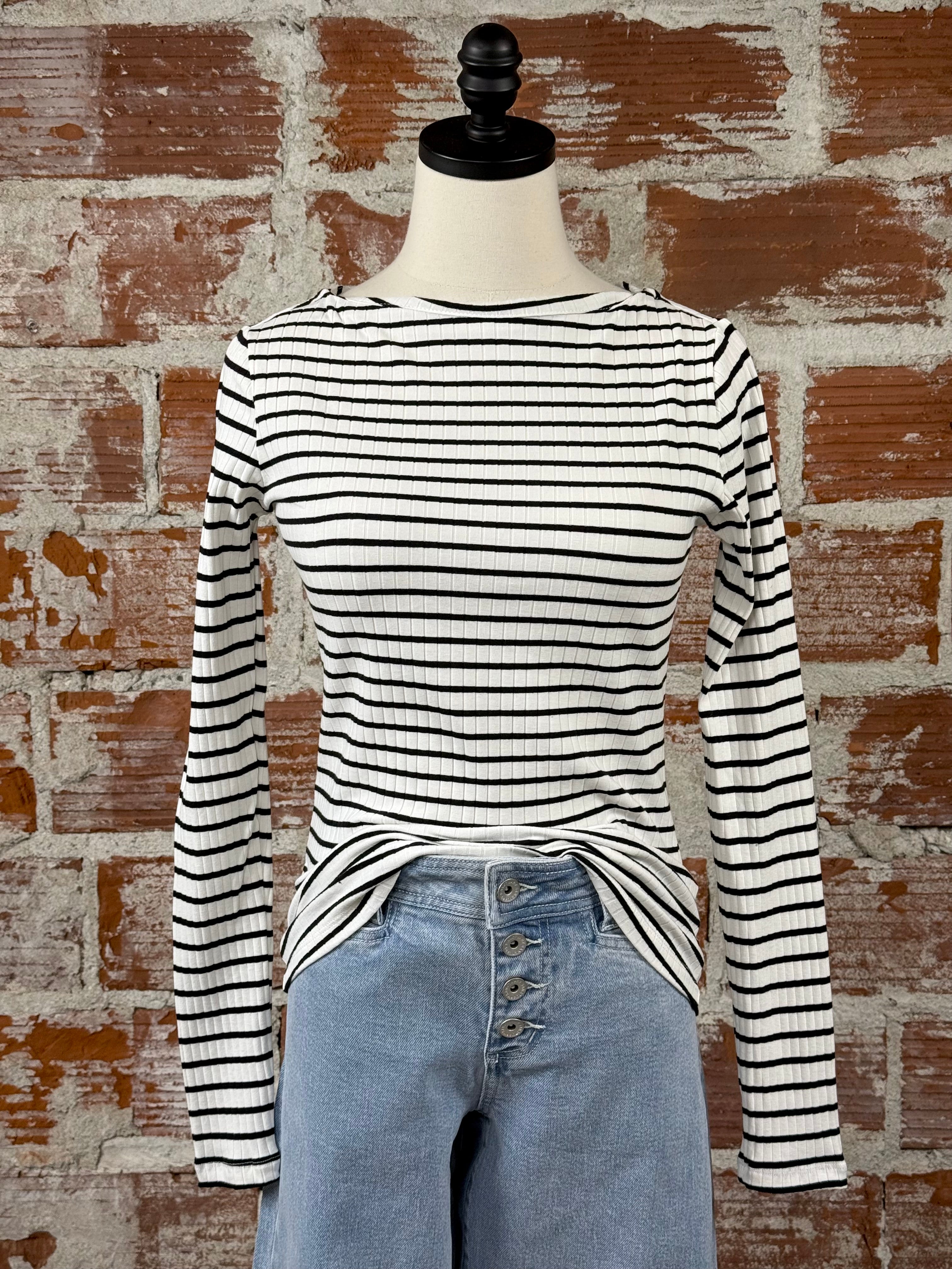 Sanctuary Boatneck Top in Chalk and Black Stripe-122 - Jersey Tops S/S (Dec - May)-Little Bird Boutique