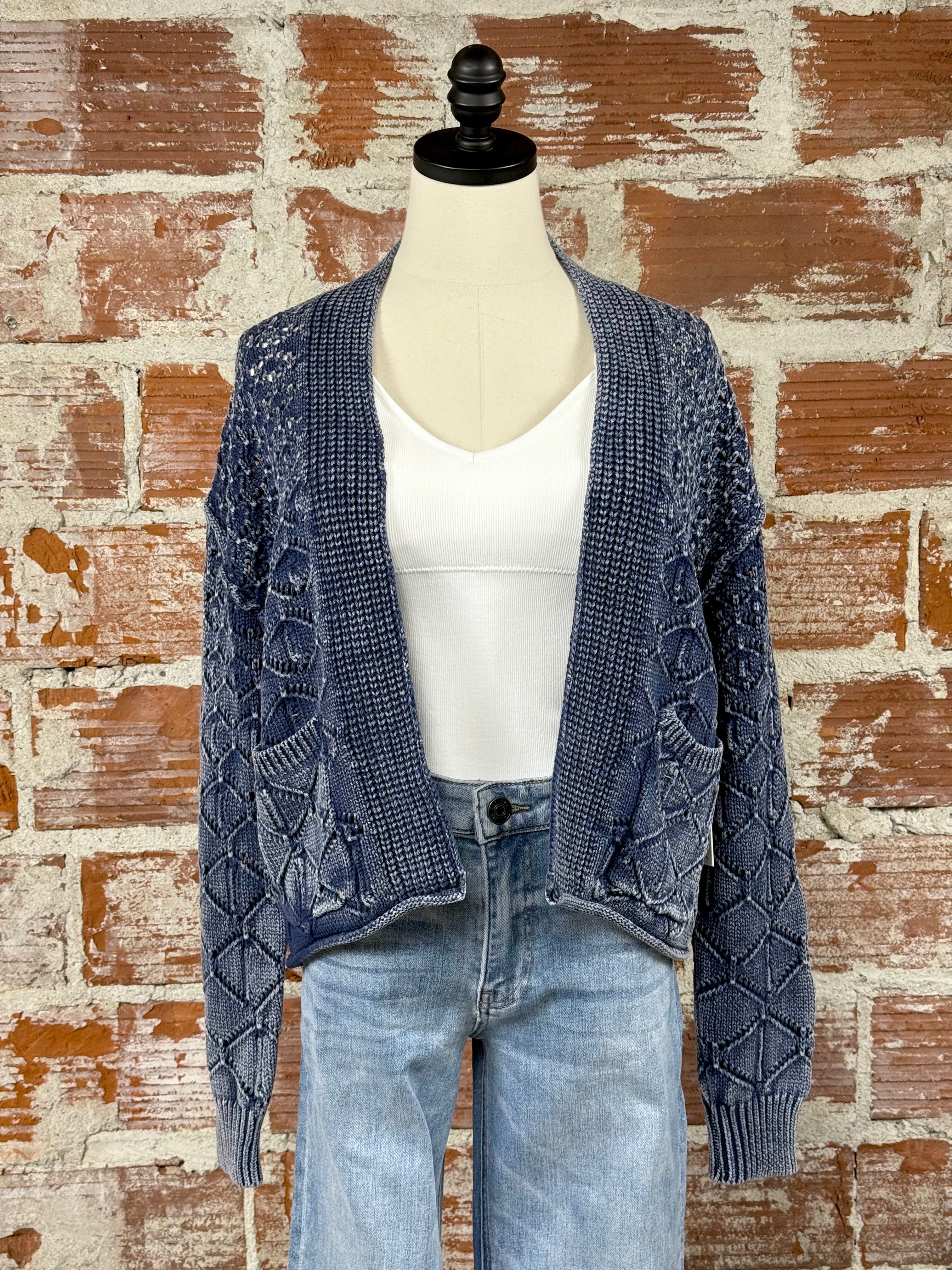 Dex Crochet Cardigan in Washed Indigo-132 - Sweaters S/S (Dec - May)-Little Bird Boutique