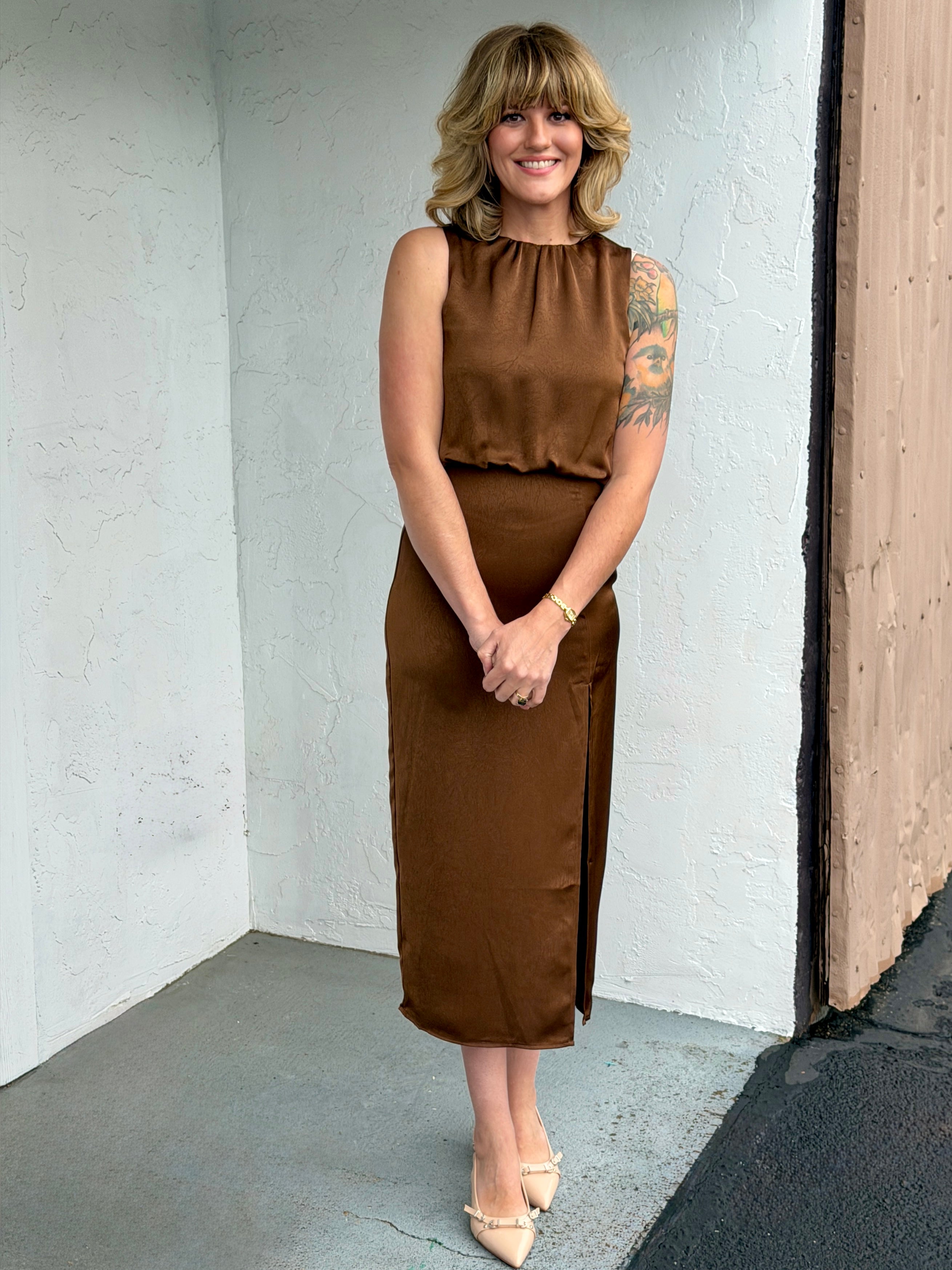 Charlie Luxe Midi Dress in Brown-152 Dresses - Long-Little Bird Boutique