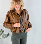 Rebel Glow Faux Leather Bomber Jacket in Brown-141 Outerwear Coats & Jackets-Little Bird Boutique