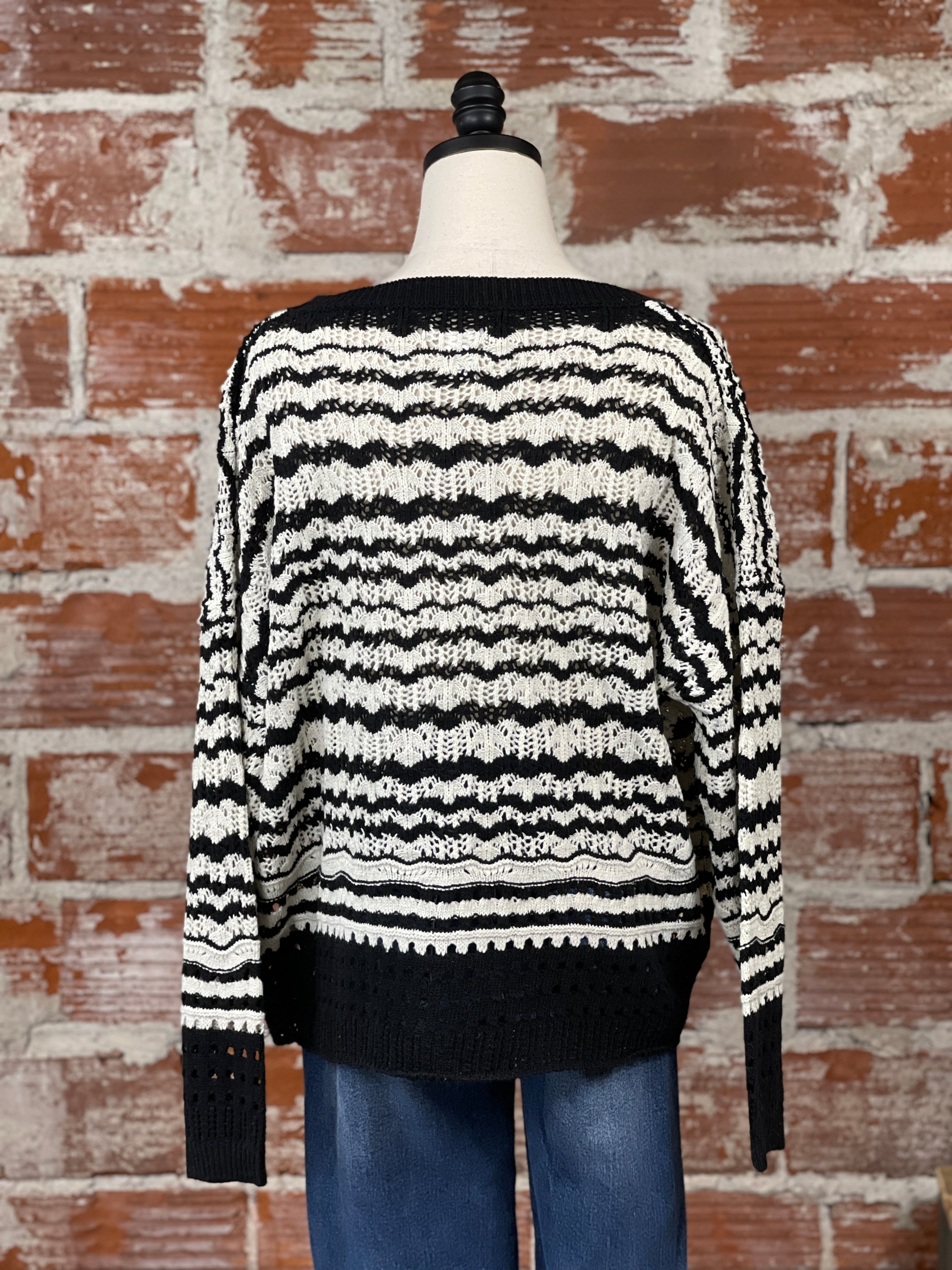 Apricot Crochet Sweater in Black and White Stripe-131 - Sweaters F/W (June - Nov)-Little Bird Boutique