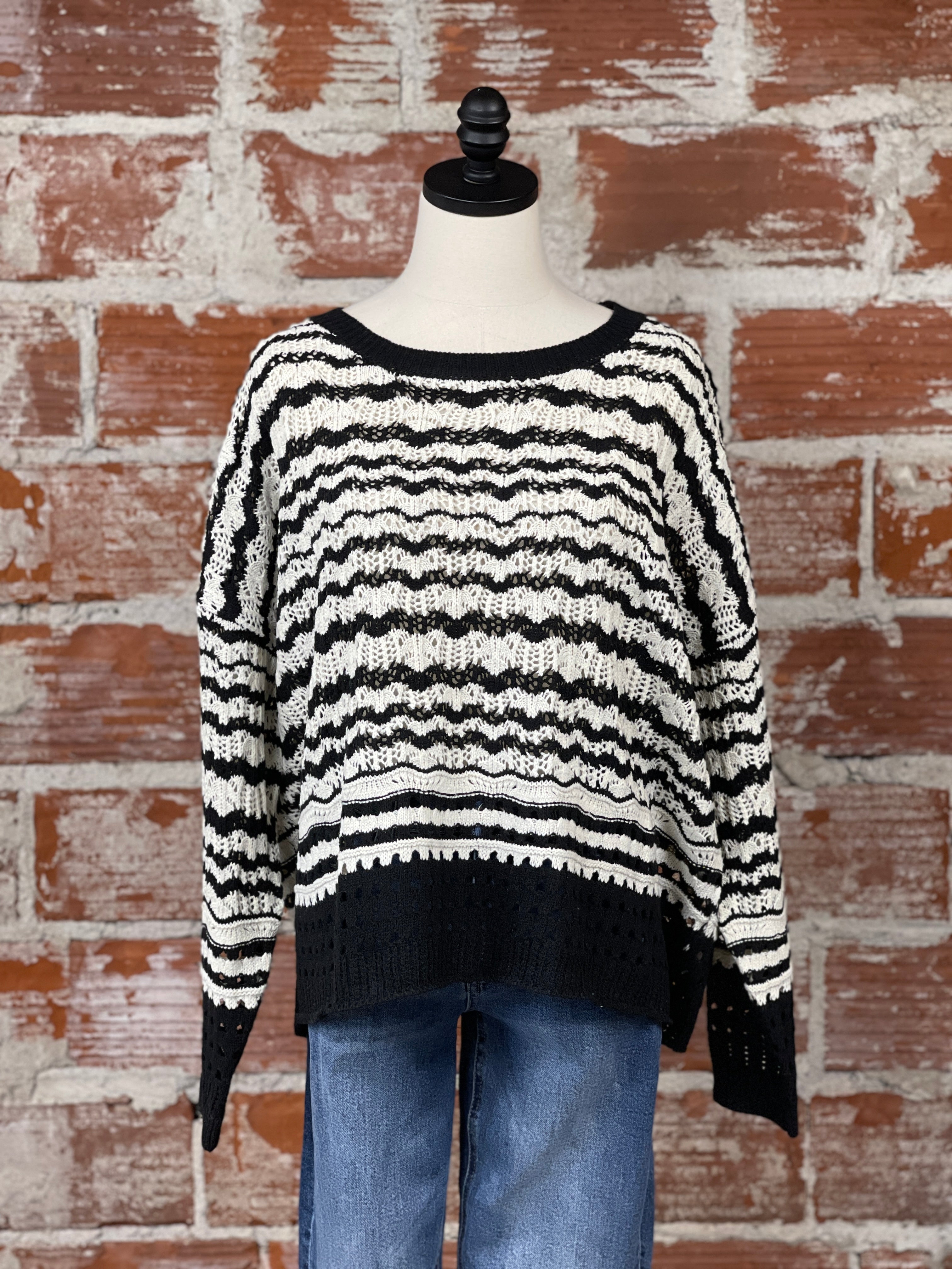 Apricot Crochet Sweater in Black and White Stripe-131 - Sweaters F/W (June - Nov)-Little Bird Boutique