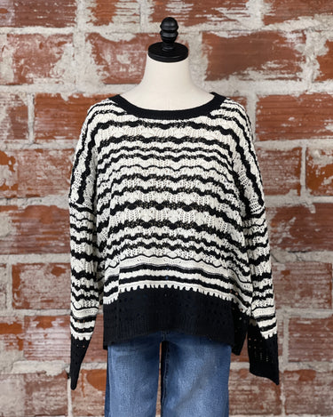 Apricot Crochet Sweater in Black and White Stripe-131 - Sweaters F/W (June - Nov)-Little Bird Boutique