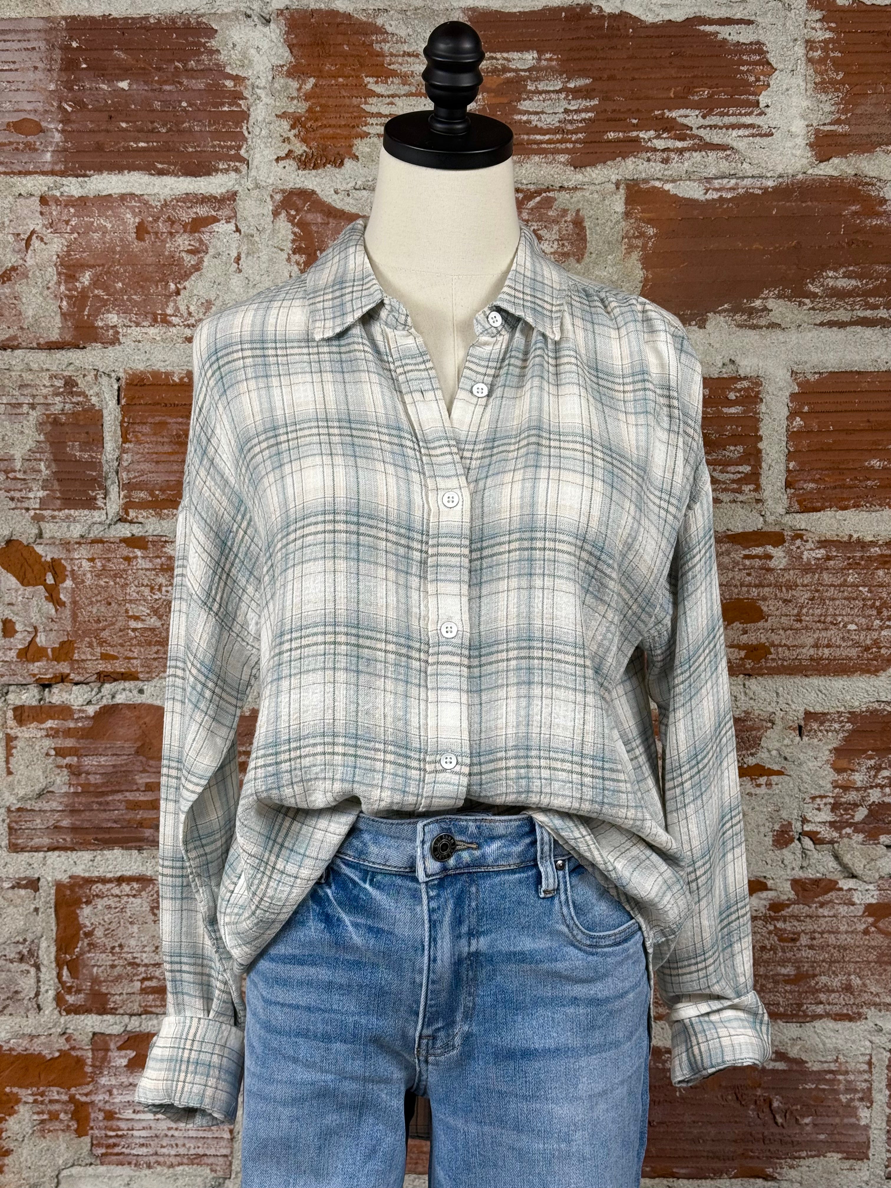 Flag and Anthem Leetonia Boyfriend Shirt in Sage and White-112 - Woven Top S/S (Dec - May)-Little Bird Boutique