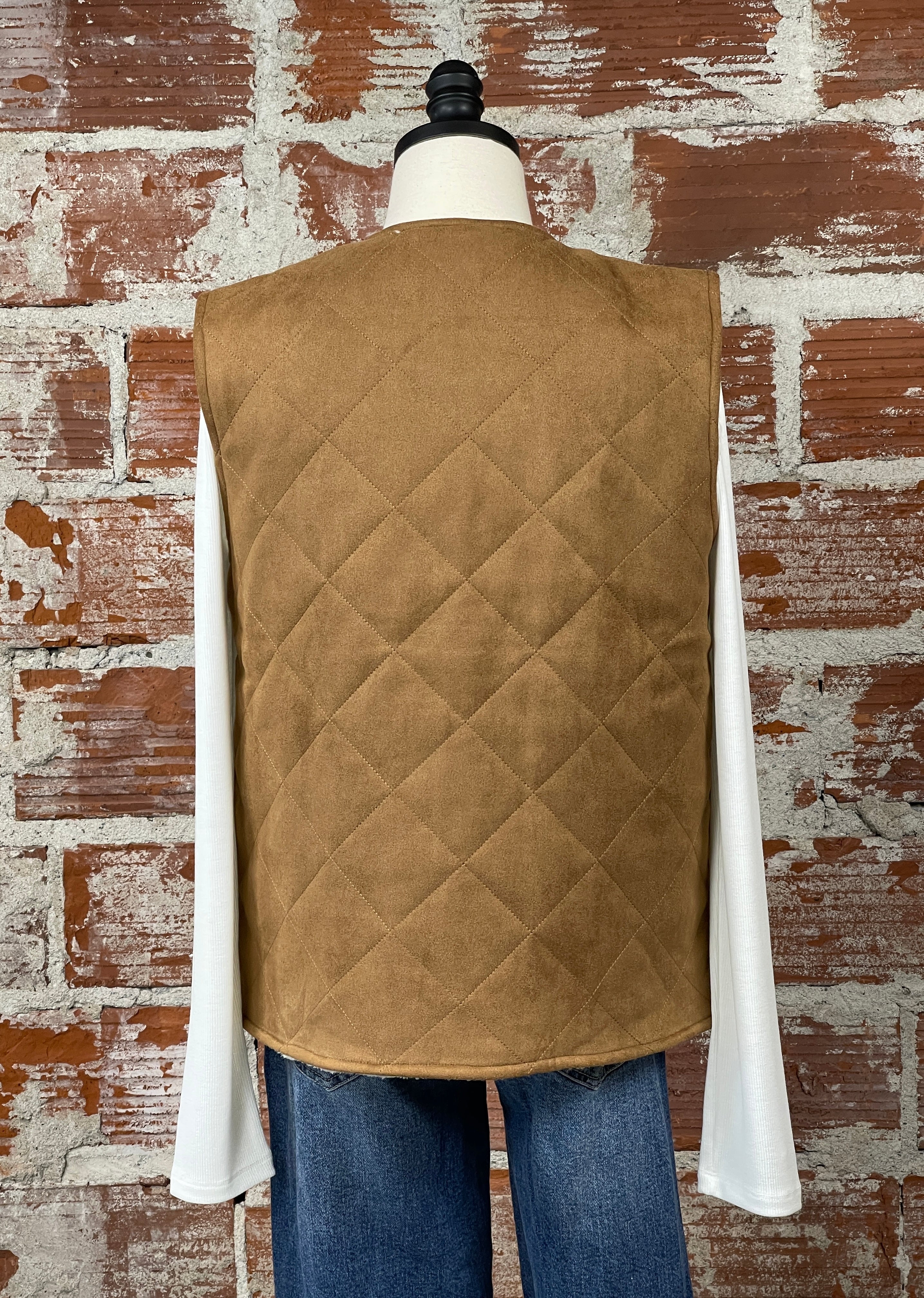 Matty M Reversible Faux Suede Vest in Camel-141 Outerwear Coats & Jackets-Little Bird Boutique