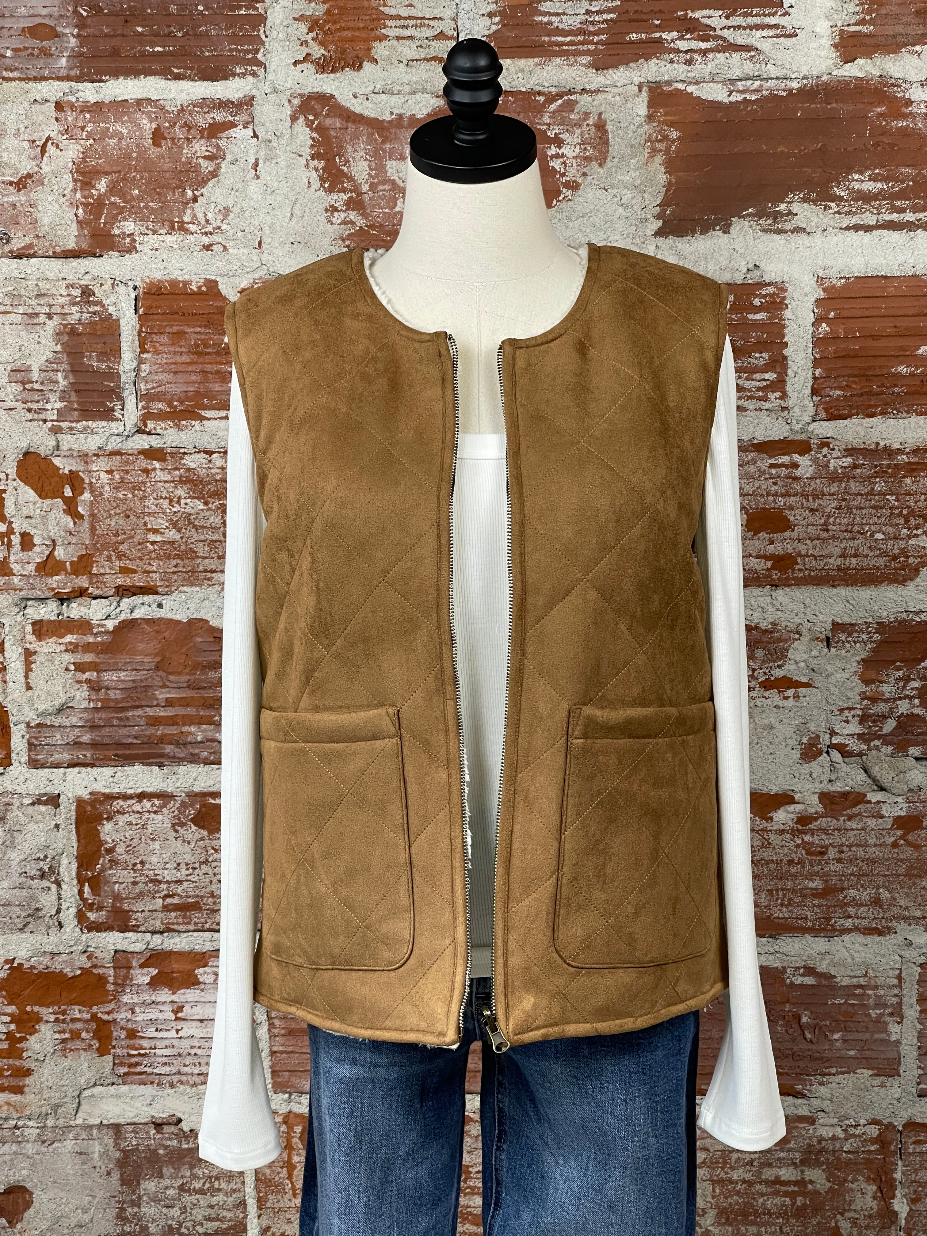 Matty M Reversible Faux Suede Vest in Camel-141 Outerwear Coats & Jackets-Little Bird Boutique