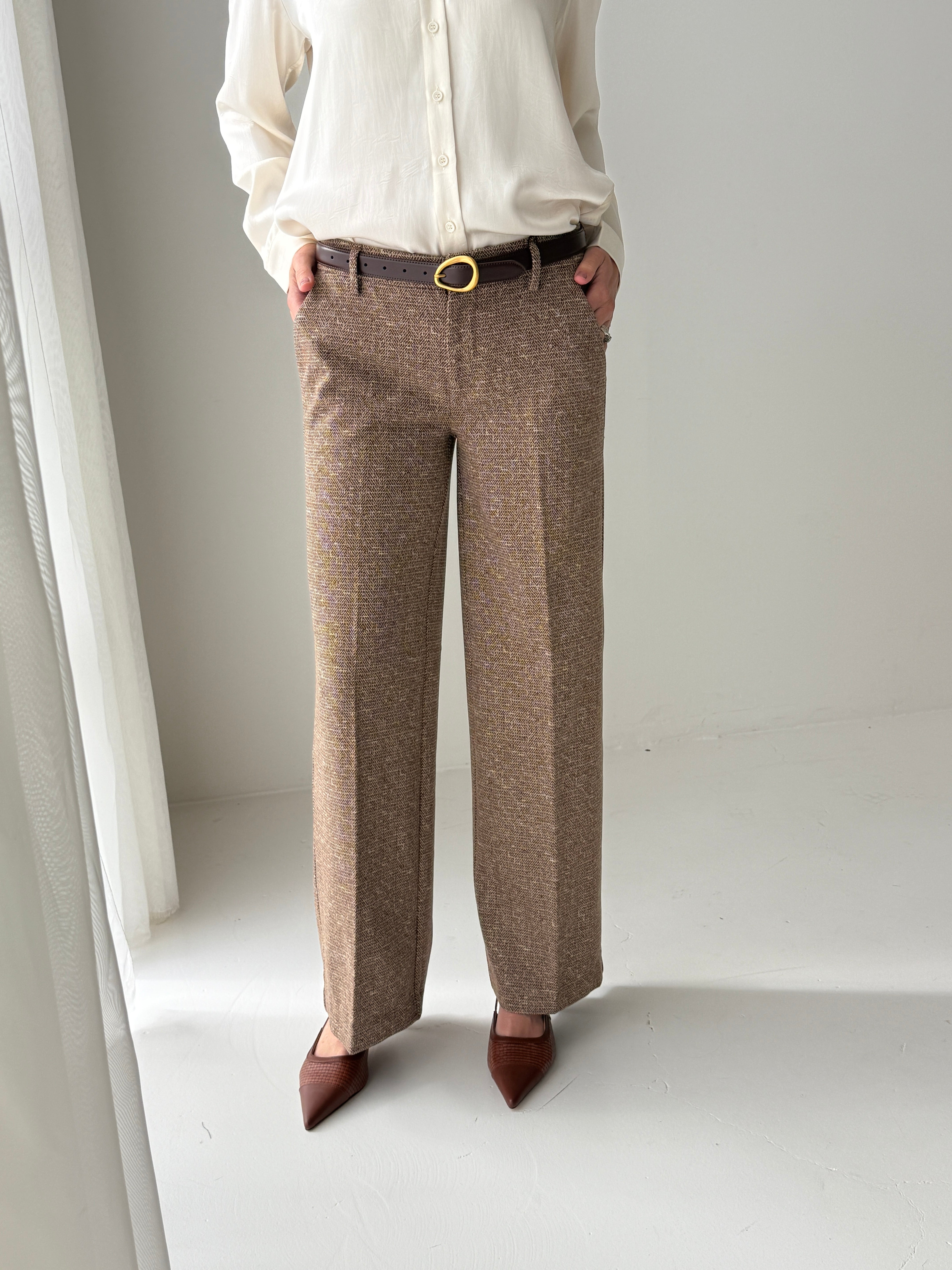Liverpool Kelsey Wide Leg Trouser in Brown and Camel Herringbone-220 Pants-Little Bird Boutique