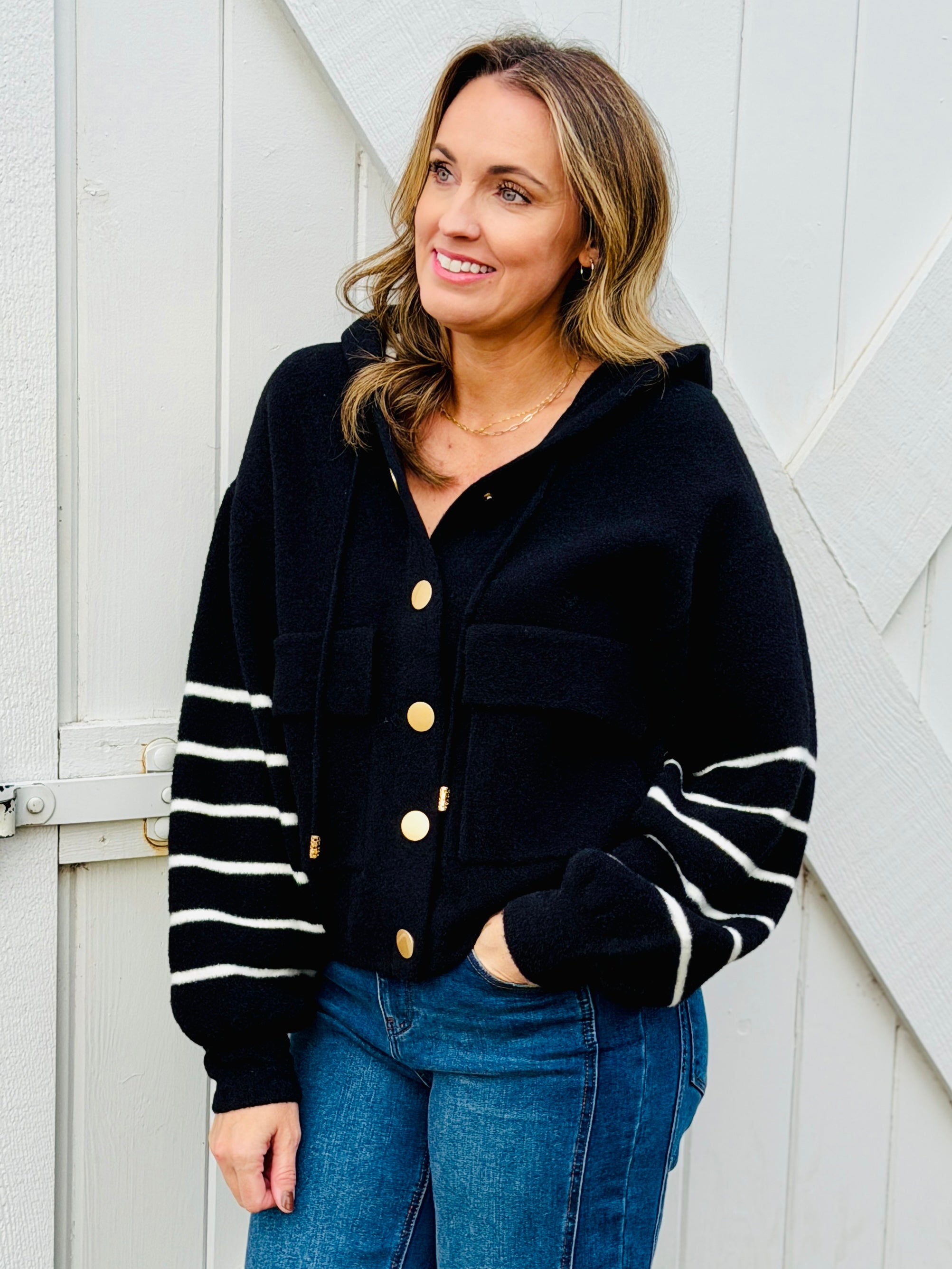 OAT NYC Knit Hoodie Jacket in Black with White Stripes-142 Sweatshirts & Hoodies-Little Bird Boutique