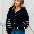 OAT NYC Knit Hoodie Jacket in Black with White Stripes-142 Sweatshirts & Hoodies-Little Bird Boutique