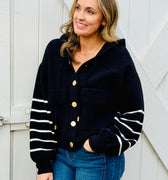 OAT NYC Knit Hoodie Jacket in Black with White Stripes-142 Sweatshirts & Hoodies-Little Bird Boutique
