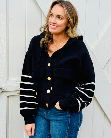 OAT NYC Knit Hoodie Jacket in Black with White Stripes-142 Sweatshirts & Hoodies-Little Bird Boutique