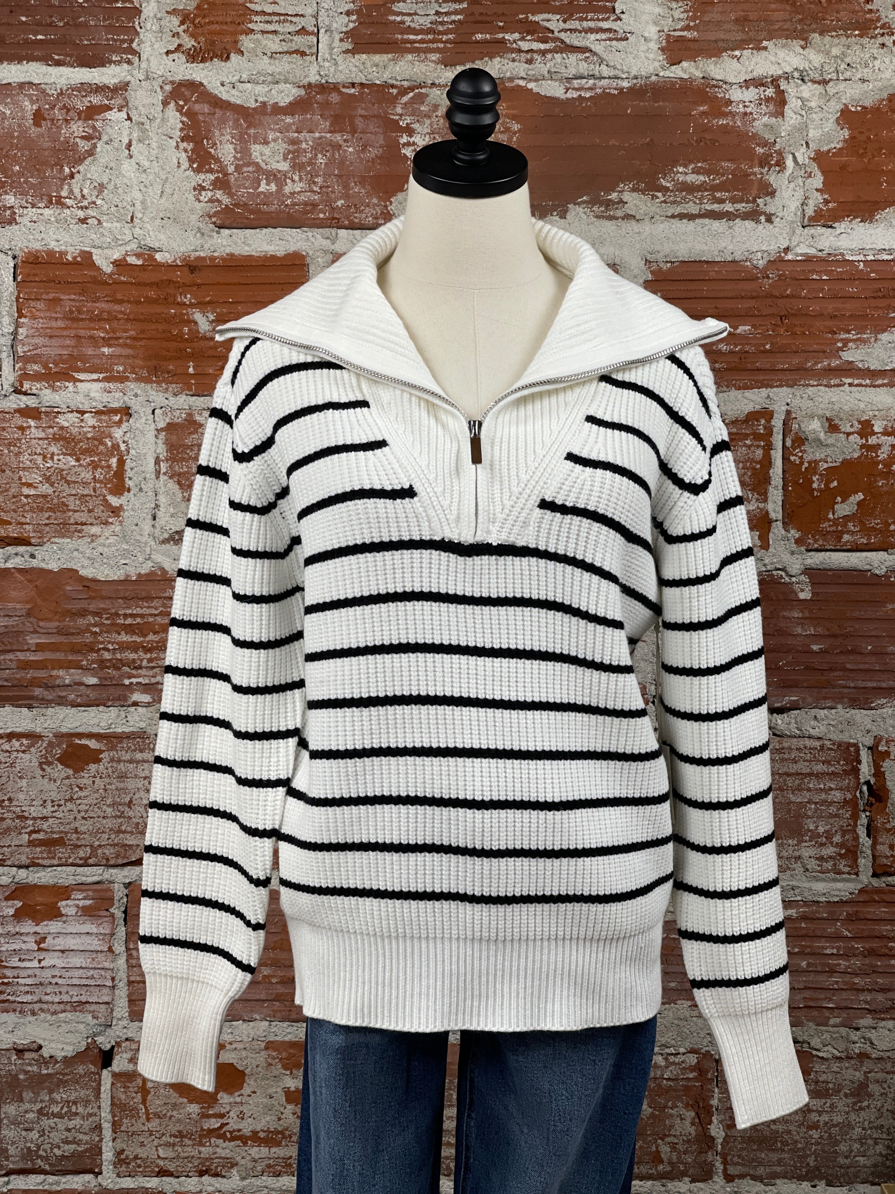 Dex Zip Collar Sweater in Black and White Stripe-131 - Sweaters F/W (June - Nov)-Little Bird Boutique