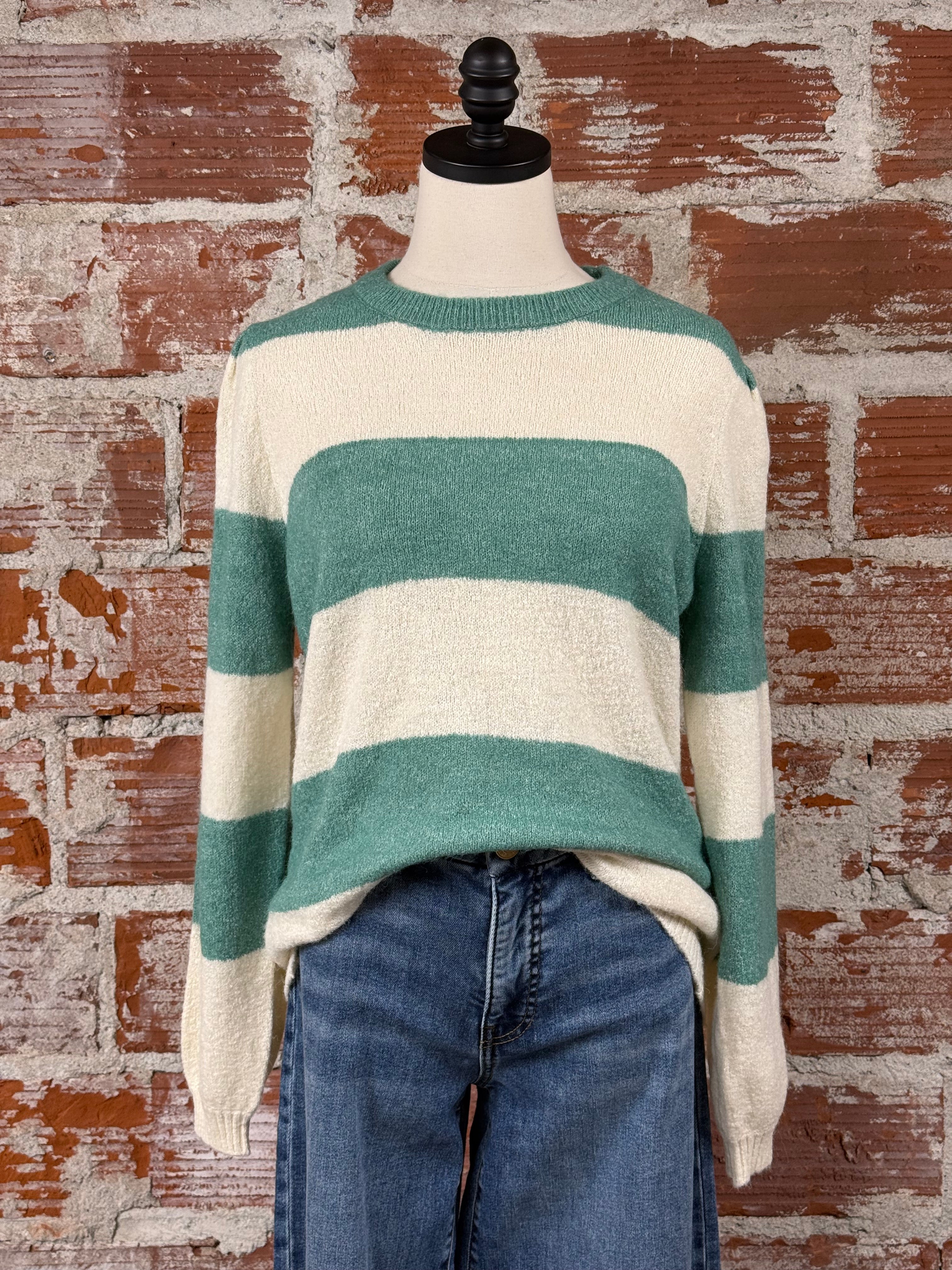 Dusty Sweater in Green and Ivory Stripe-132 - Sweaters S/S (Dec - May)-Little Bird Boutique