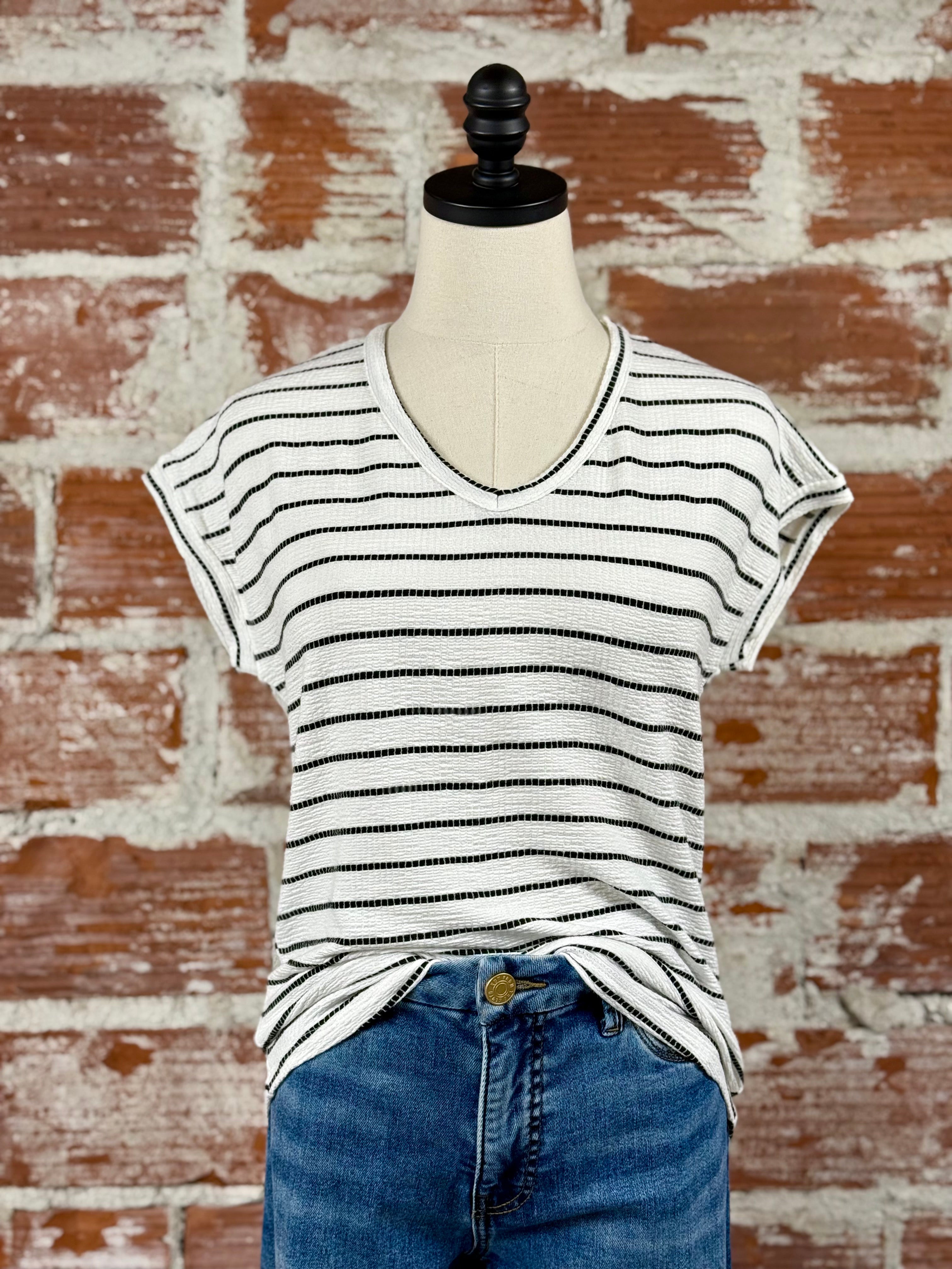 Jamie Tee in Black and Ivory Stripe-112 - Woven Top S/S (Dec - May)-Little Bird Boutique
