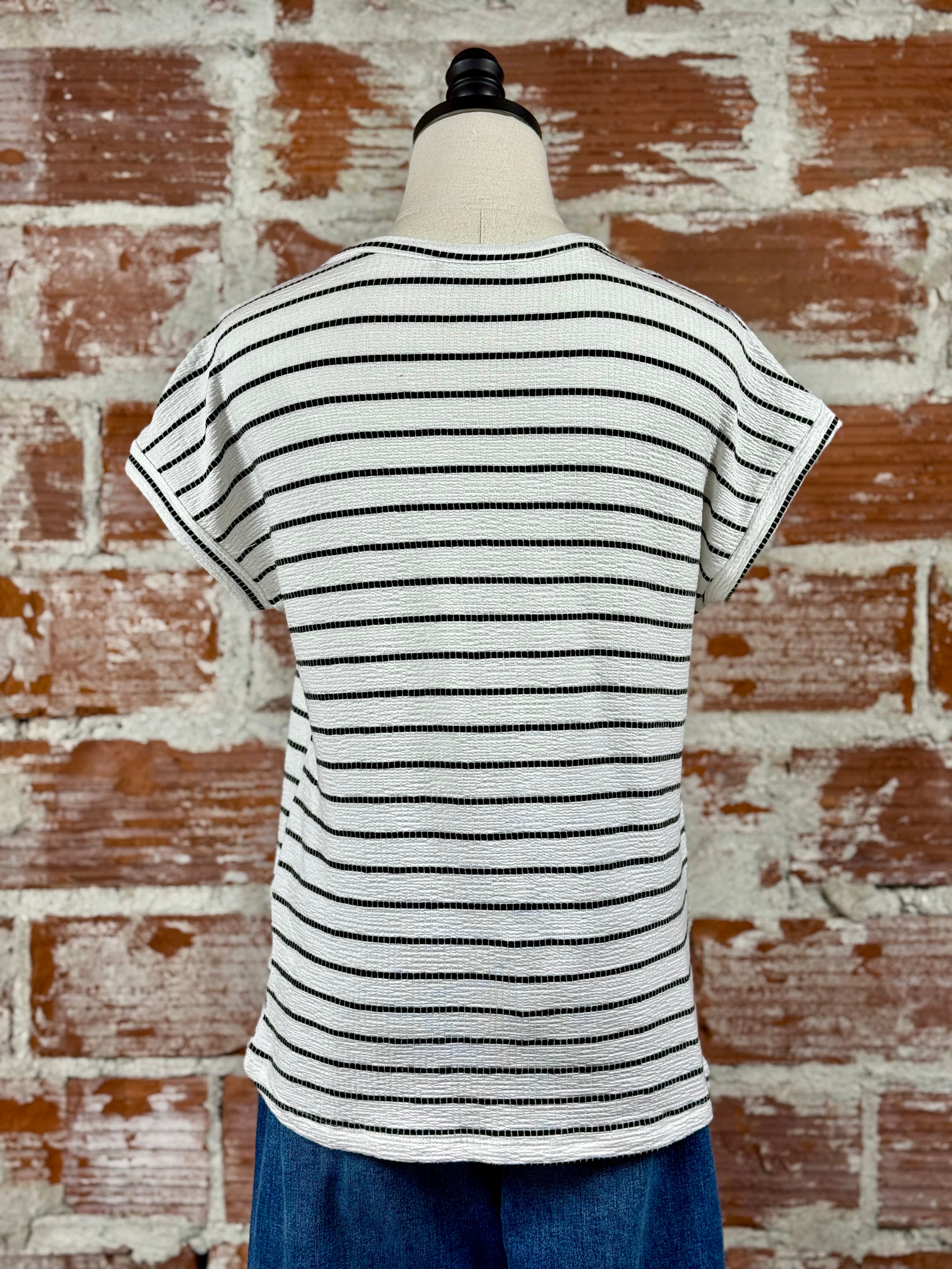 Jamie Tee in Black and Ivory Stripe-112 - Woven Top S/S (Dec - May)-Little Bird Boutique