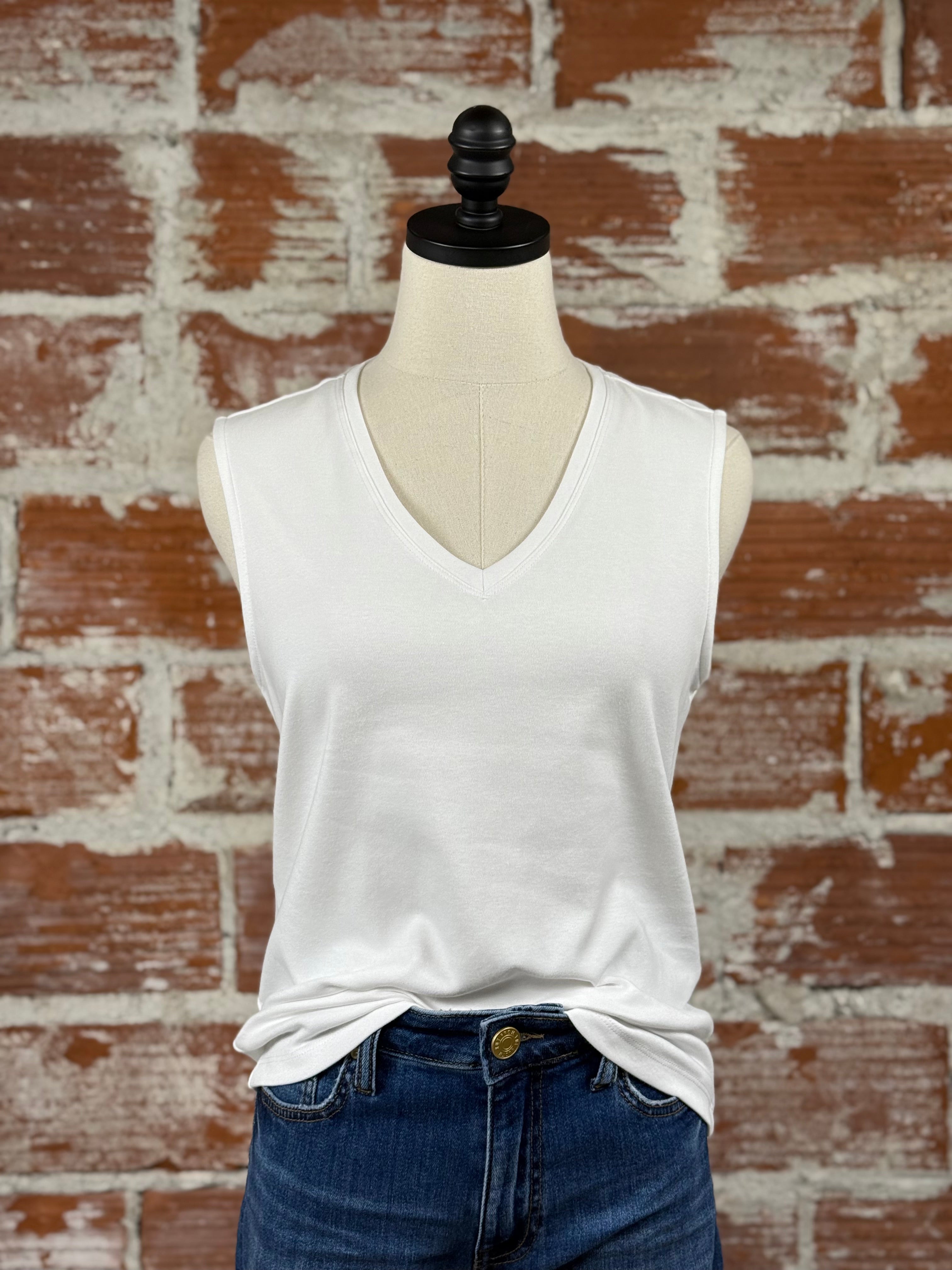 Liverpool Sleeveless V Neck Knit Top in White-122 - Jersey Tops S/S (Dec - May)-Little Bird Boutique