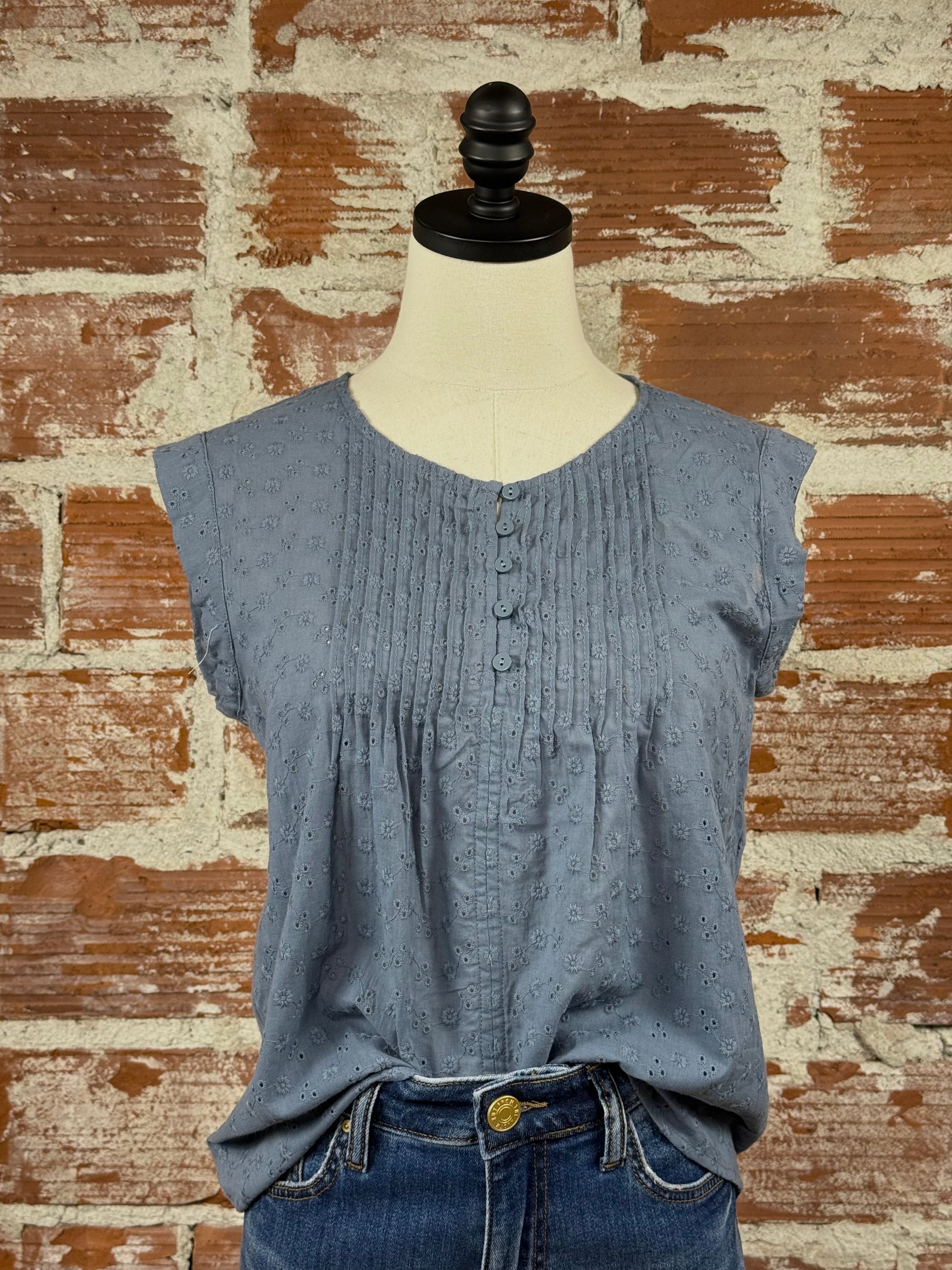 Lovestitch Eyelet Top in Blue-112 - Woven Top S/S (Dec - May)-Little Bird Boutique