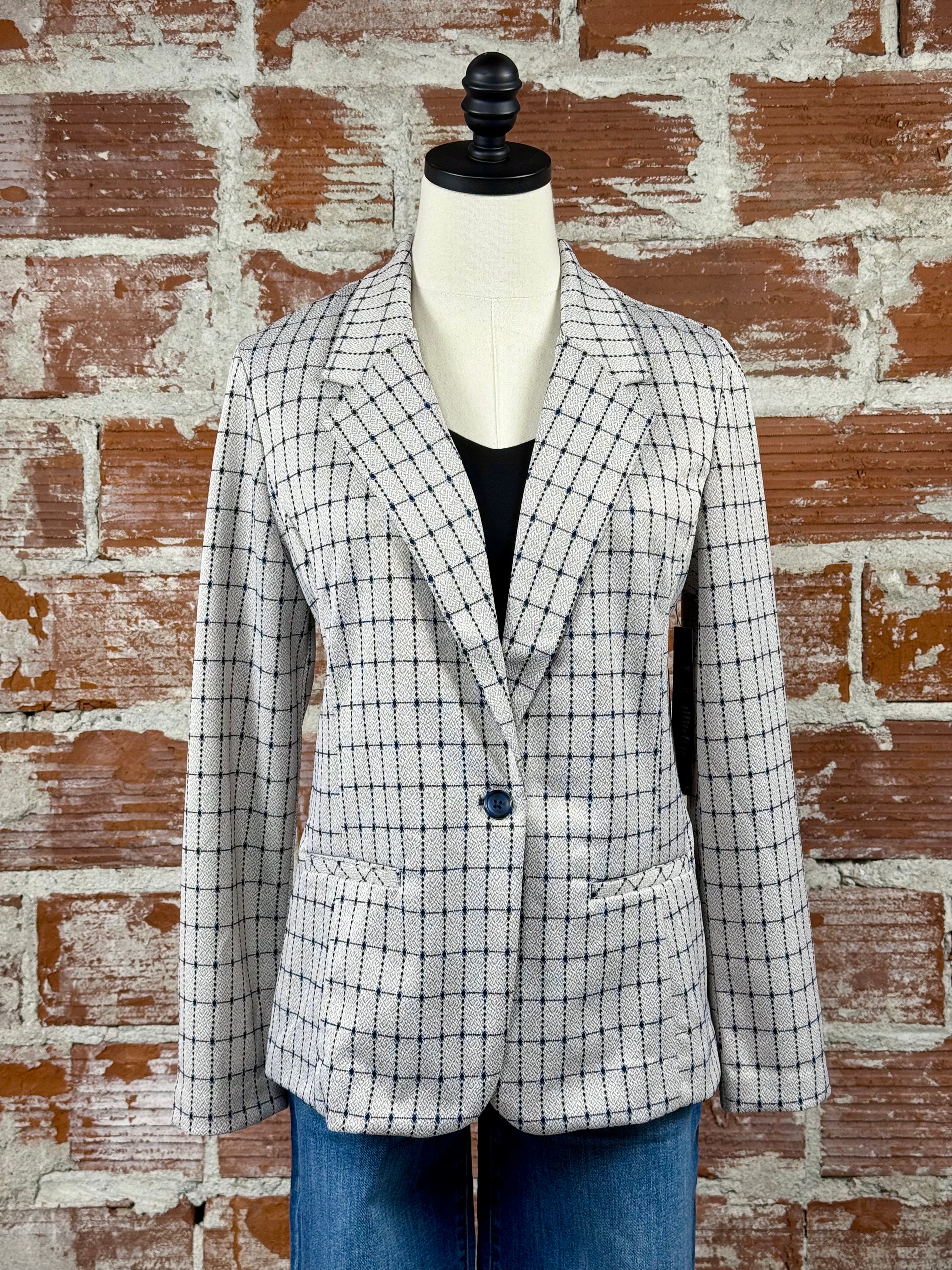 Liverpool Fitted Blazer in Taupe and Navy Grid-143 Blazers-Little Bird Boutique