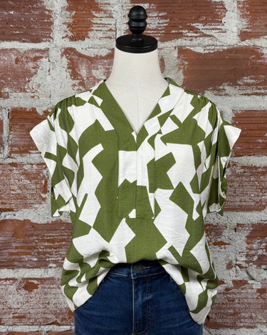 THML Geo Top in Olive and Ivory-112 - Woven Top S/S (Dec - May)-Little Bird Boutique