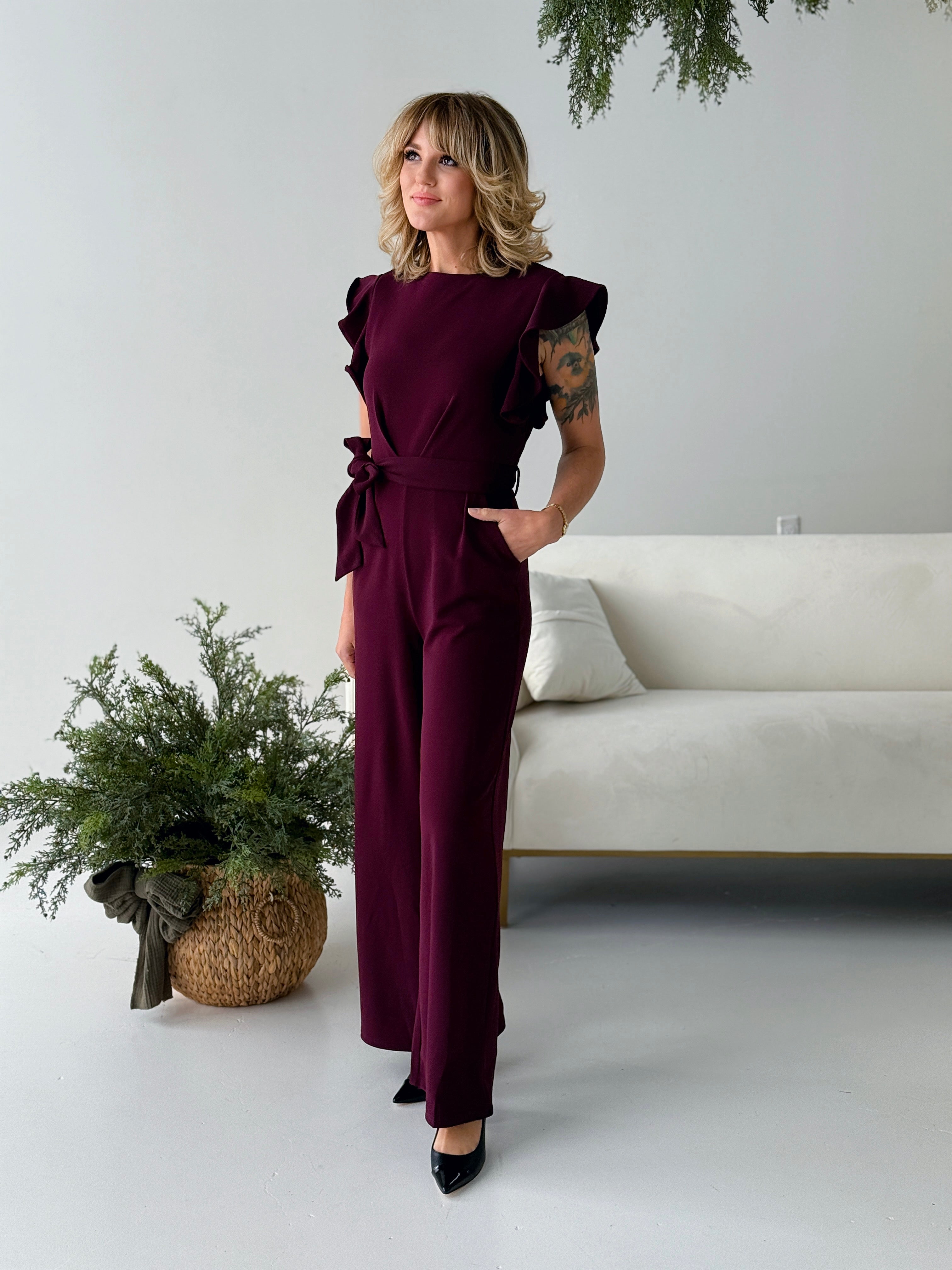 Apricot Pleated Detail Jumpsuit in Burgundy-160 Jumpsuits/ Rompers-Little Bird Boutique