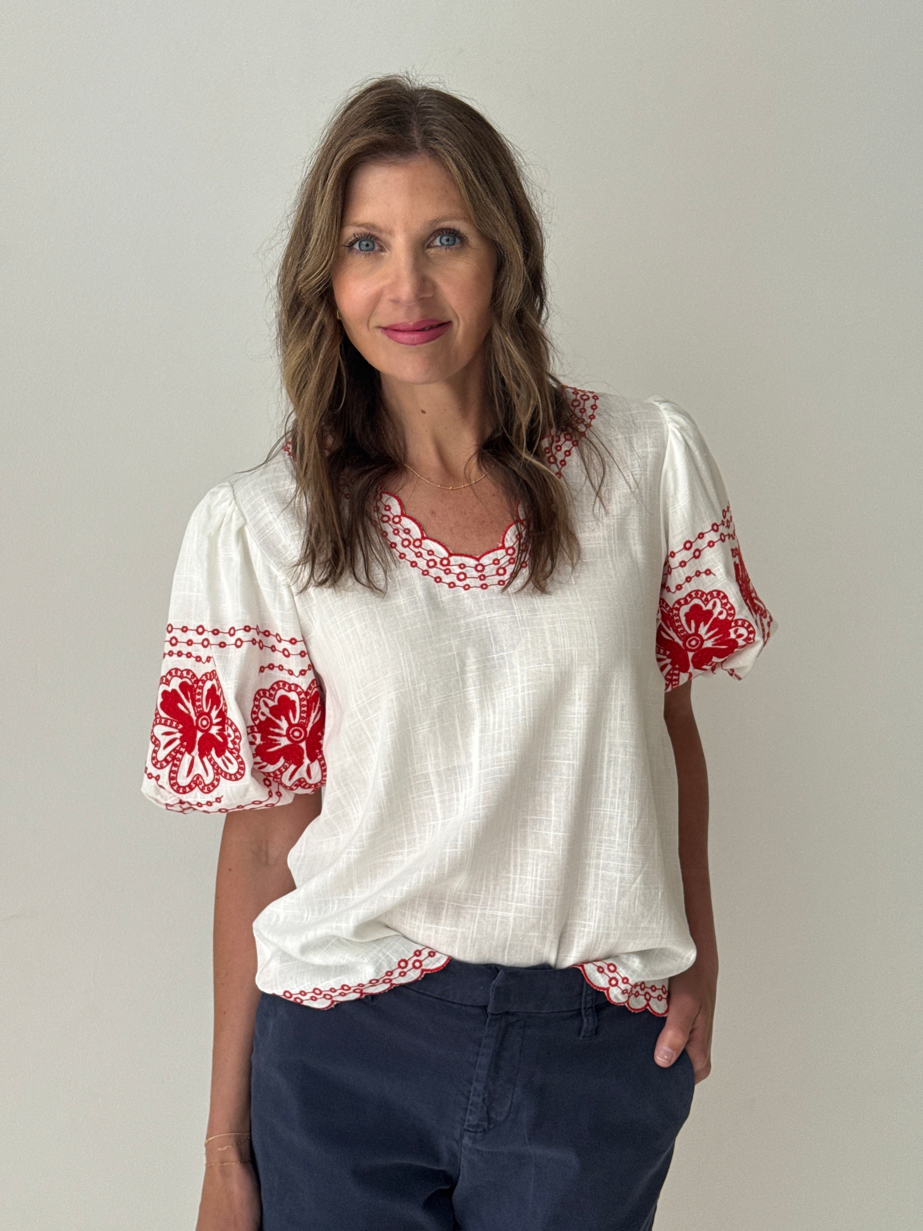 THML Blake Embroidery Top in Red-112 - Woven Top S/S (Dec - May)-Little Bird Boutique