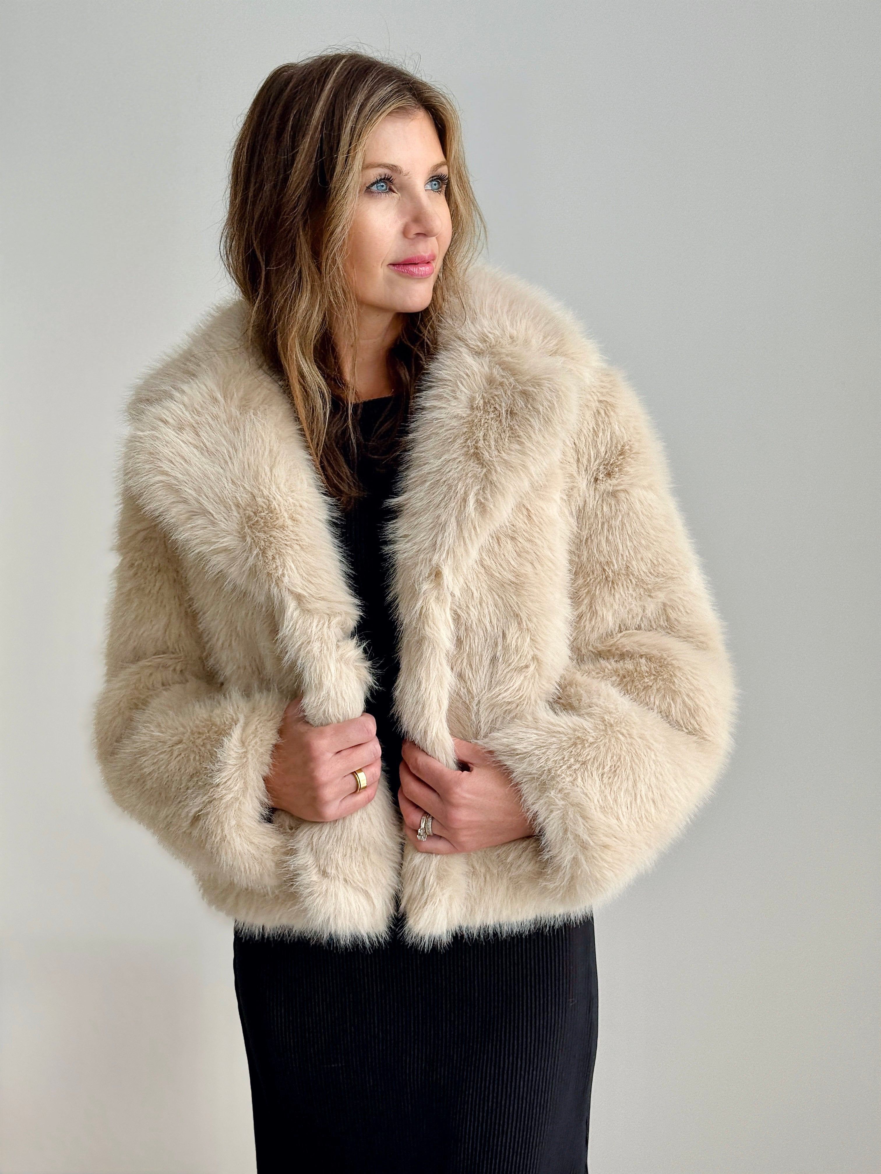 Apricot Fur Collar Short Coat in Cream-141 Outerwear Coats & Jackets-Little Bird Boutique