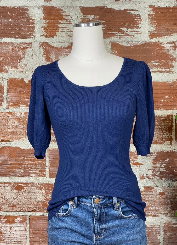 Scoop Neck Puff Elbow Sweater in Midnight Blue