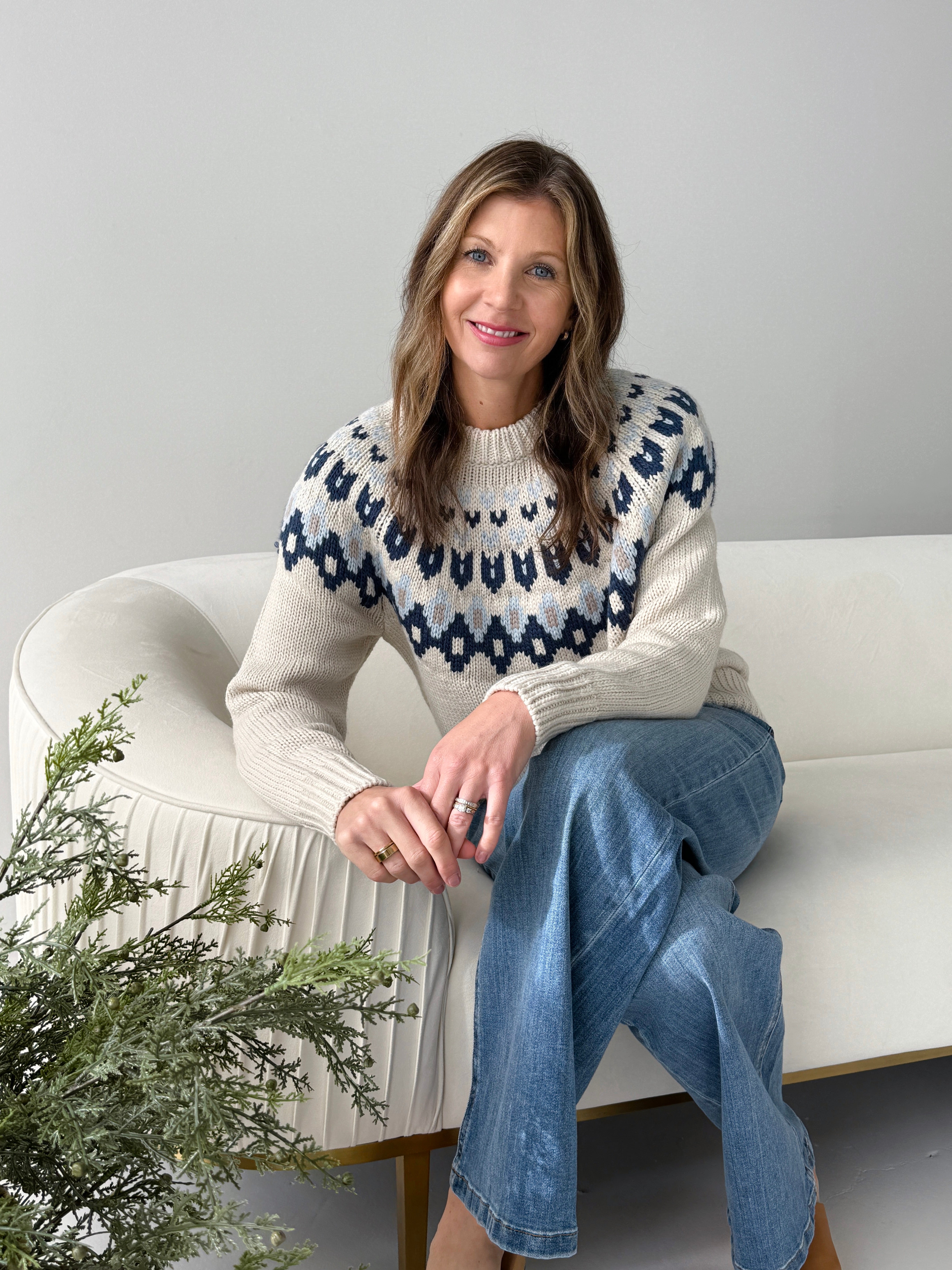 Apricot Fair Isle Sweater in Stone and Navy