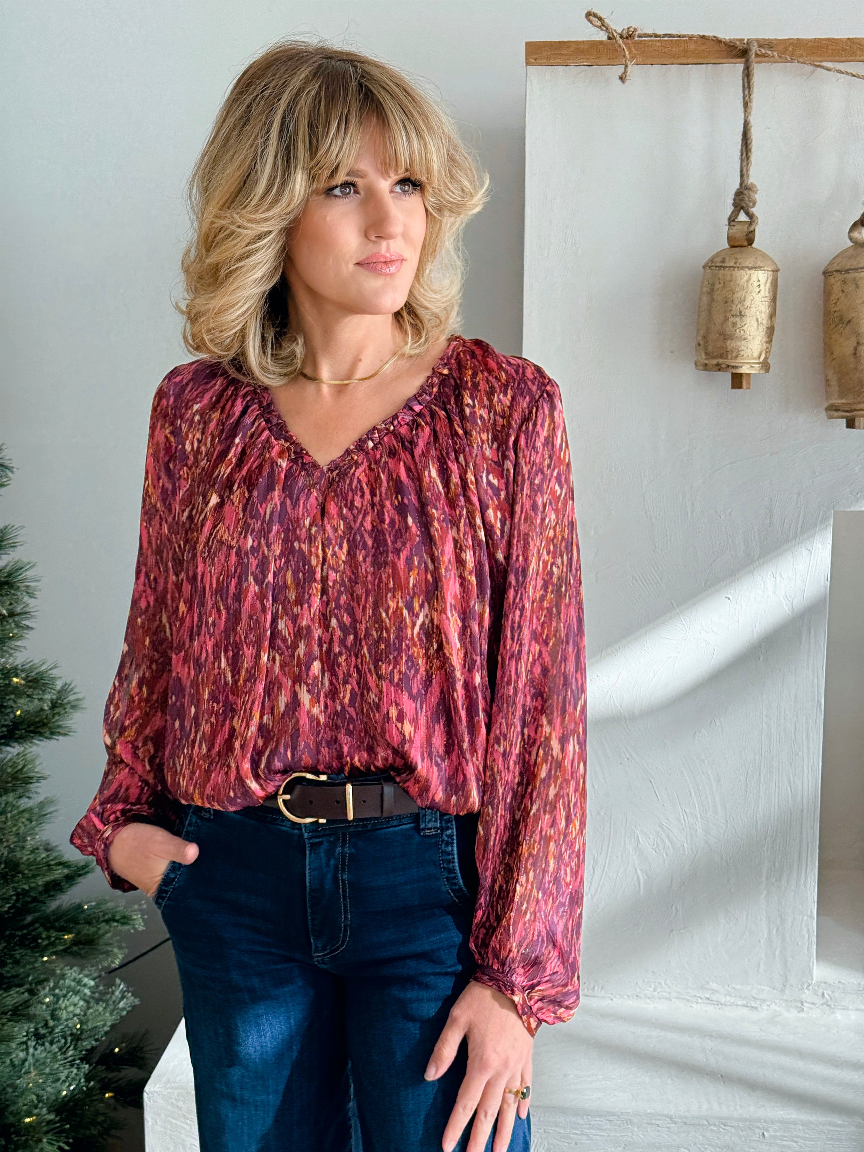 Dear John Piaf Blouse in Pomegranate Flame-113 - Woven Tops (Holiday)-Little Bird Boutique