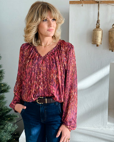 Dear John Piaf Blouse in Pomegranate Flame-113 - Woven Tops (Holiday)-Little Bird Boutique