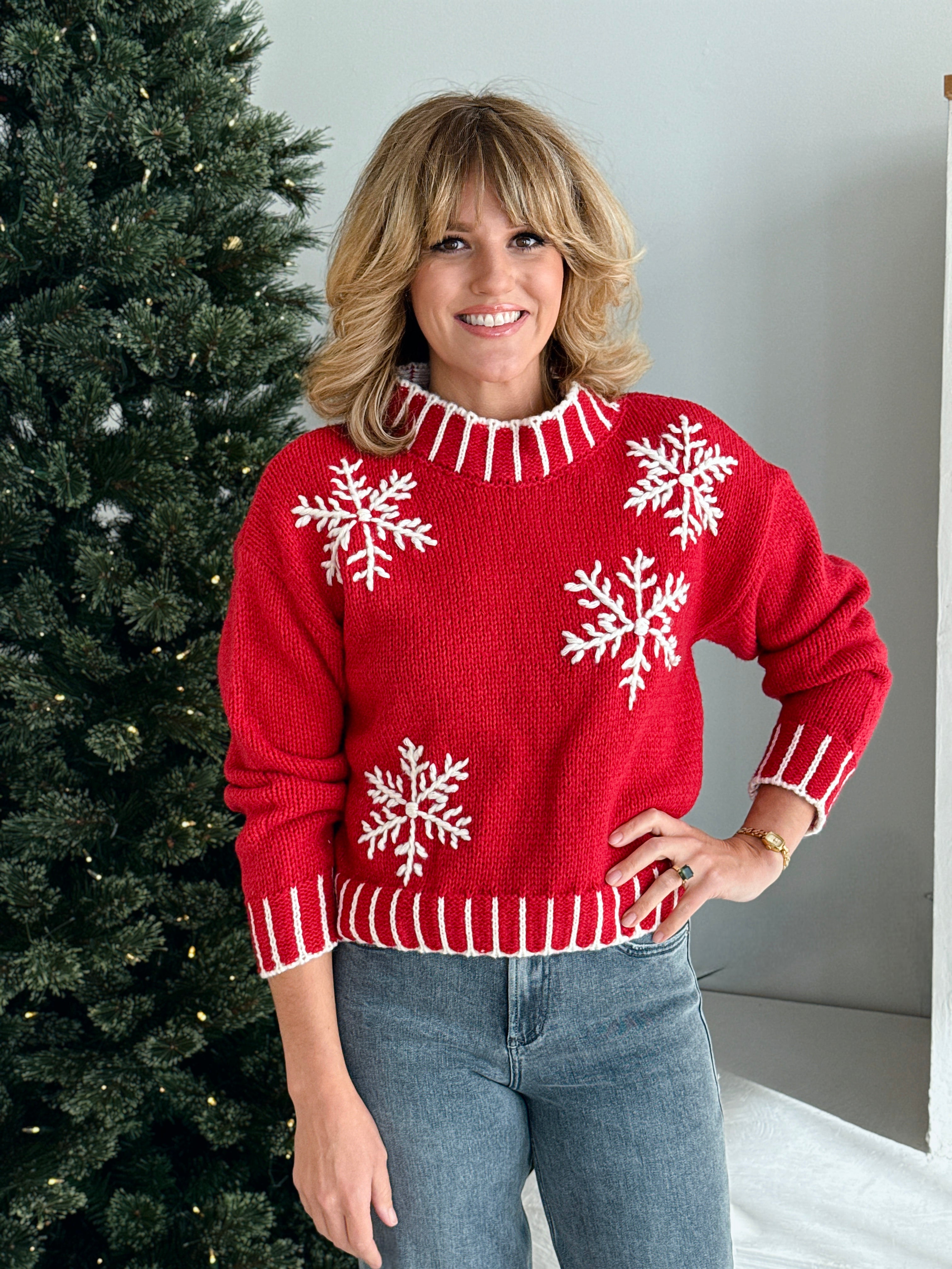 Snow Flake Sweater in Red and Ivory-133 - Sweaters (Holiday)-Little Bird Boutique