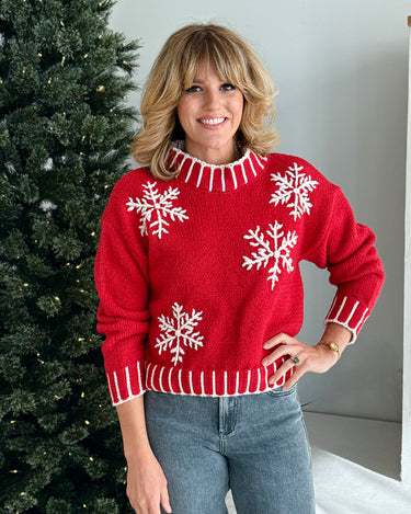 Snow Flake Sweater in Red and Ivory-133 - Sweaters (Holiday)-Little Bird Boutique